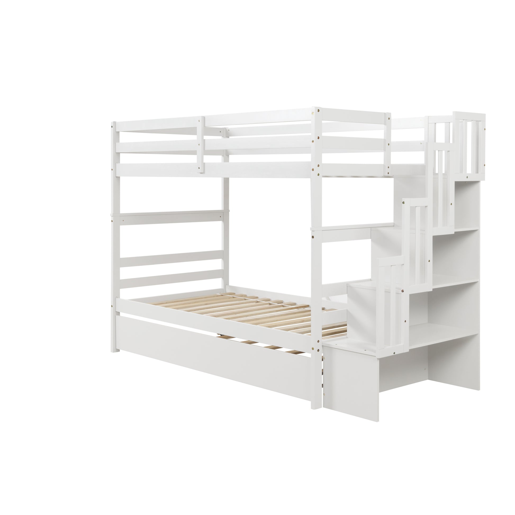 Twin Over Twin Bunk Beds With Twin Trundle And Stairway Storage Function In White Color White Pine