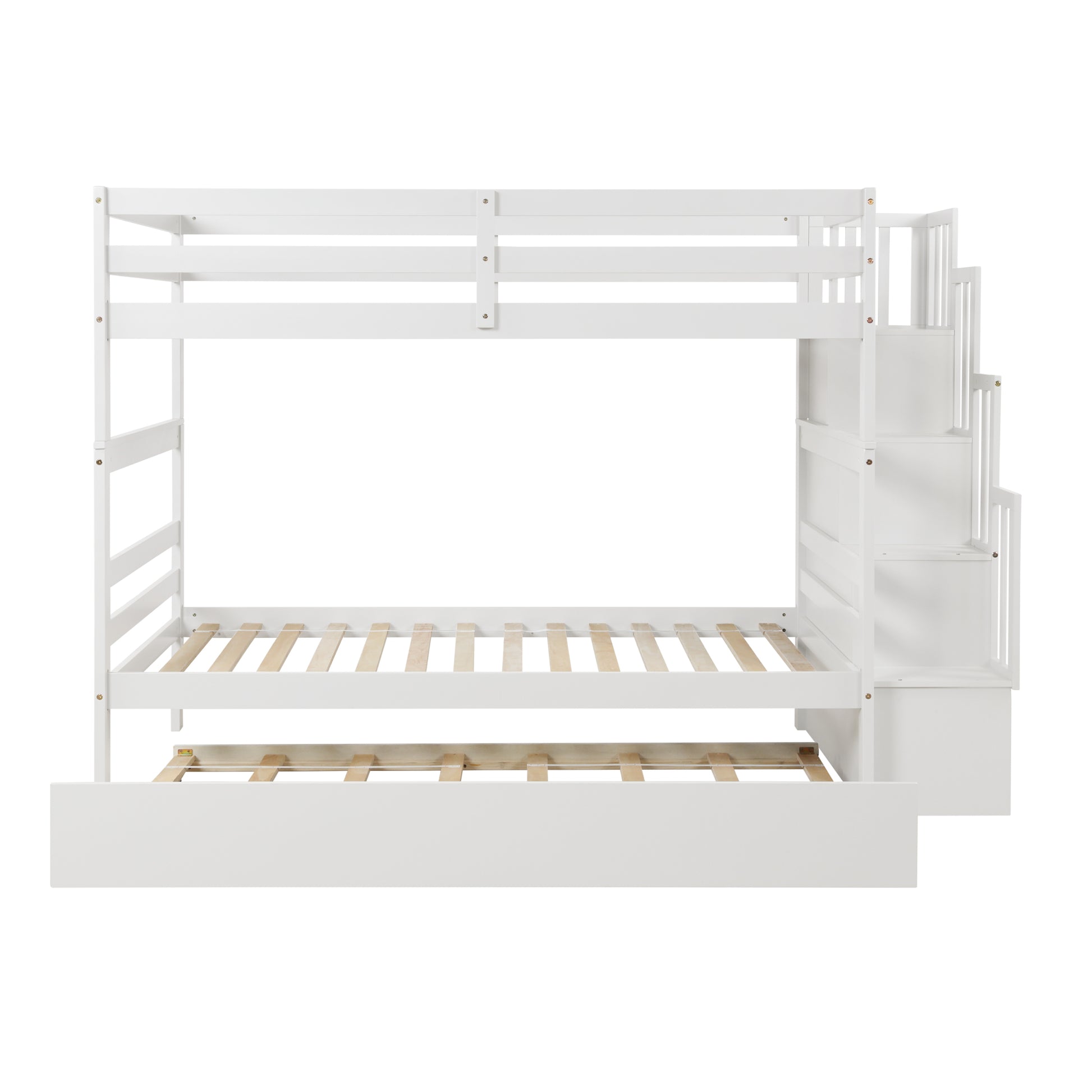 Twin Over Twin Bunk Beds With Twin Trundle And Stairway Storage Function In White Color White Pine