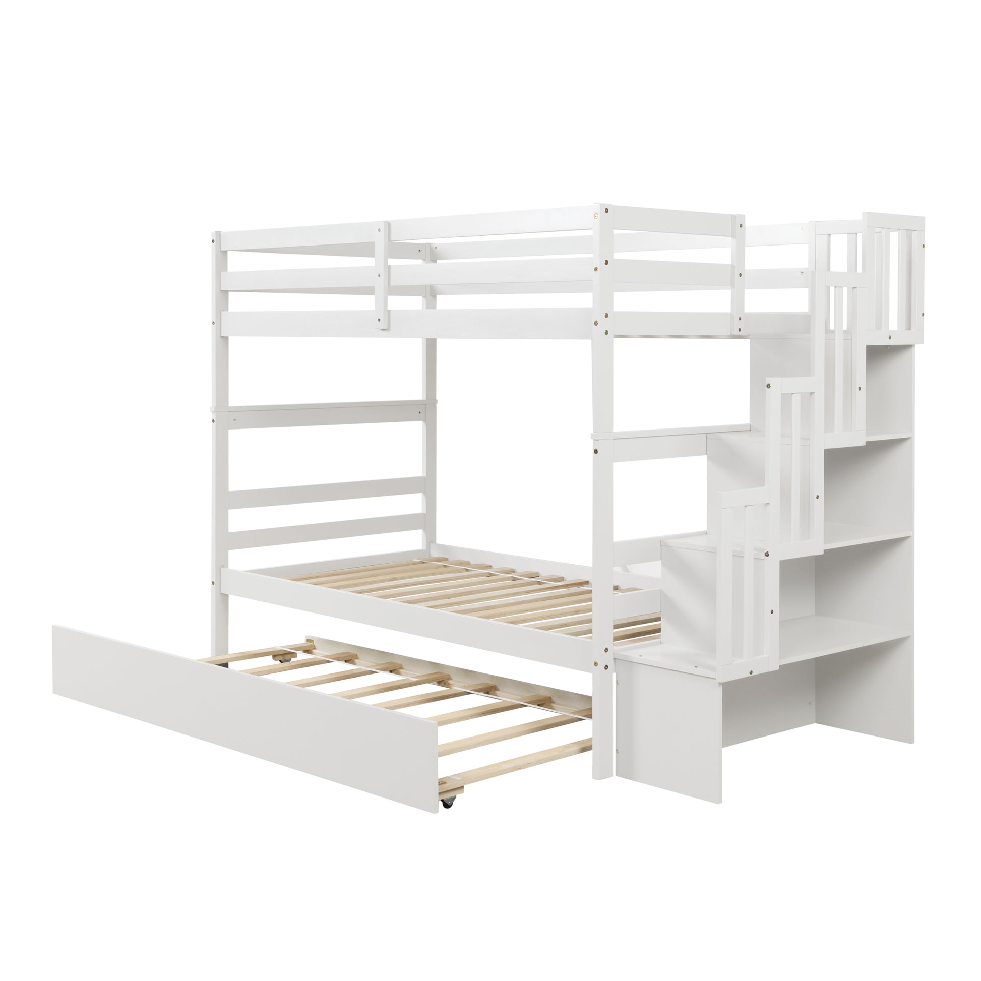 Twin Over Twin Bunk Beds With Twin Trundle And Stairway Storage Function In White Color White Pine