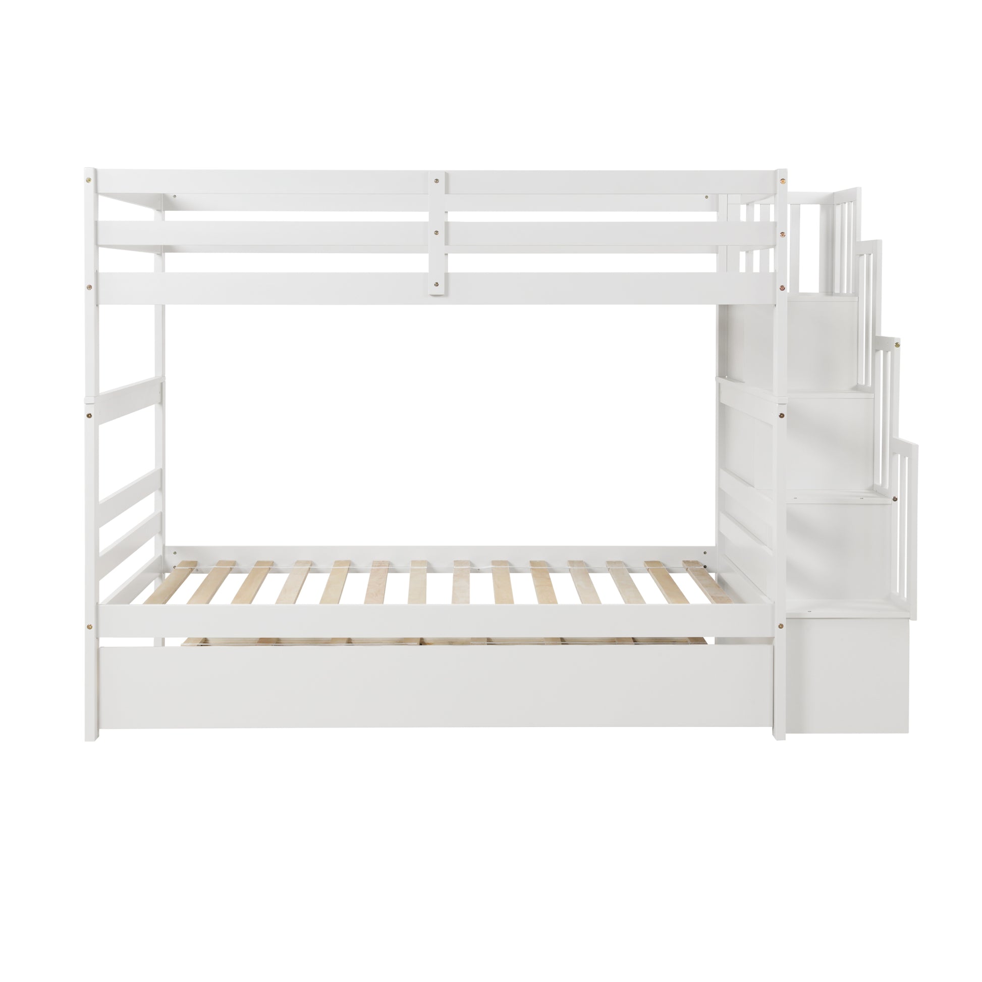 Twin Over Twin Bunk Beds With Twin Trundle And Stairway Storage Function In White Color White Pine