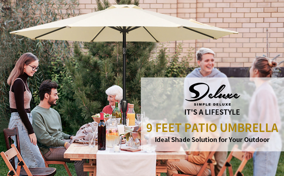 Simple Deluxe 9Ft Outdoor Market Table Patio Umbrella With Button Tilt, Crank And 8 Sturdy Ribs For Garden, Beige Beige Seats 8 Stainless Steel