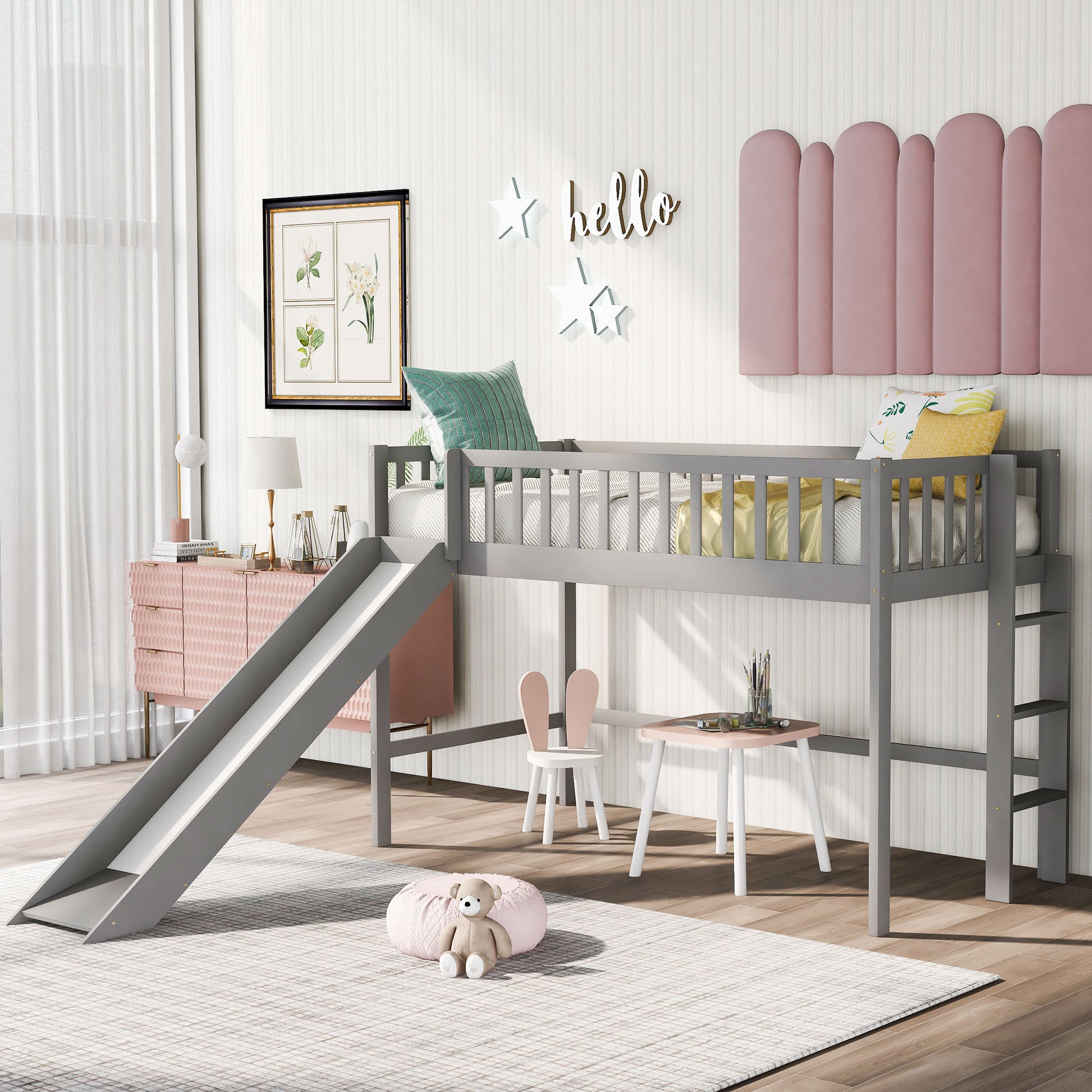 Twin Size Low Loft Bed With Ladder And Slide, Gray Old Sku:Wf196418Aae Gray Pine