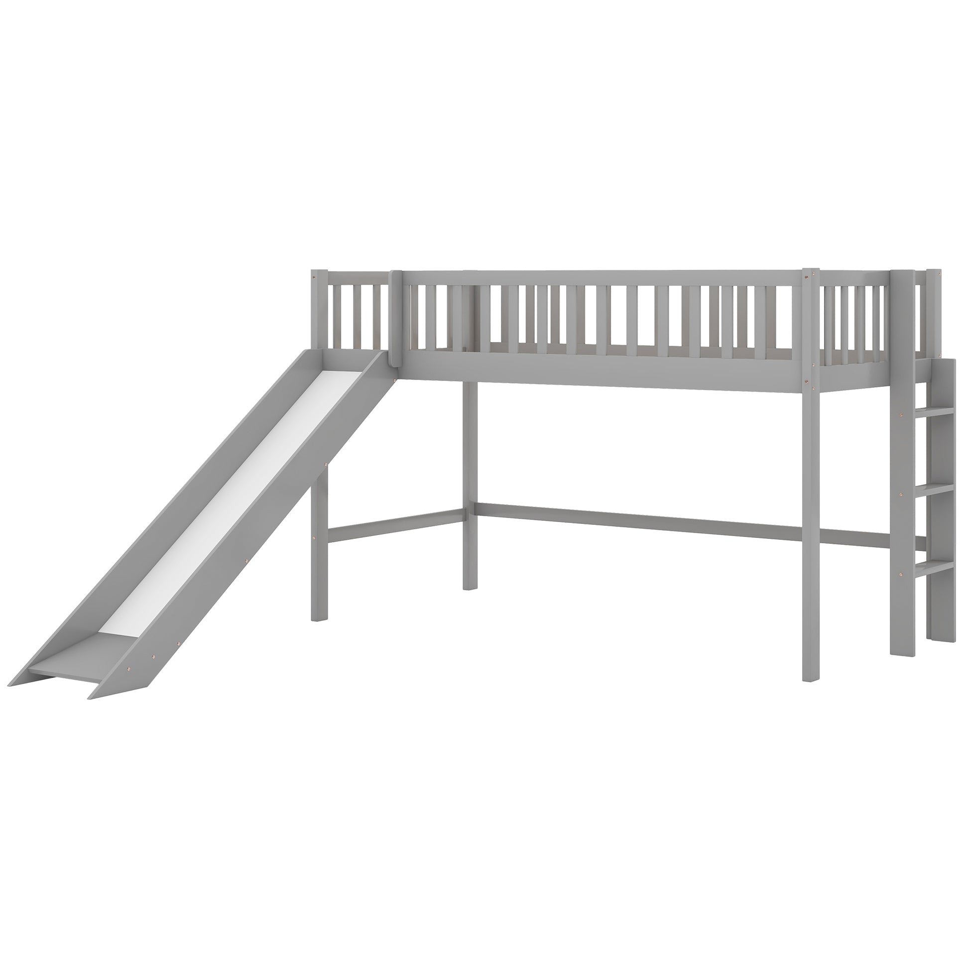 Twin Size Low Loft Bed With Ladder And Slide, Gray Old Sku:Wf196418Aae Gray Pine