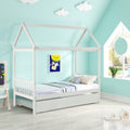 Solid Wood Twin House Bed Frame With Twin Size Trundle For White Color, No Box Spring Needed White Pine