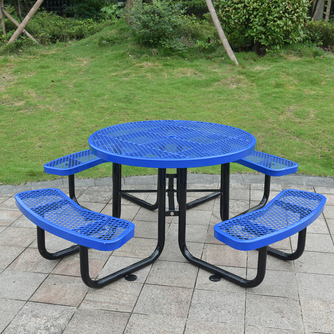 Round Outdoor Steel Picnic Table 46" Blue ,With Umbrella Pole Blue Carbon Steel