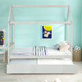 Solid Wood Twin House Bed Frame With Twin Size Trundle For White Color, No Box Spring Needed White Pine