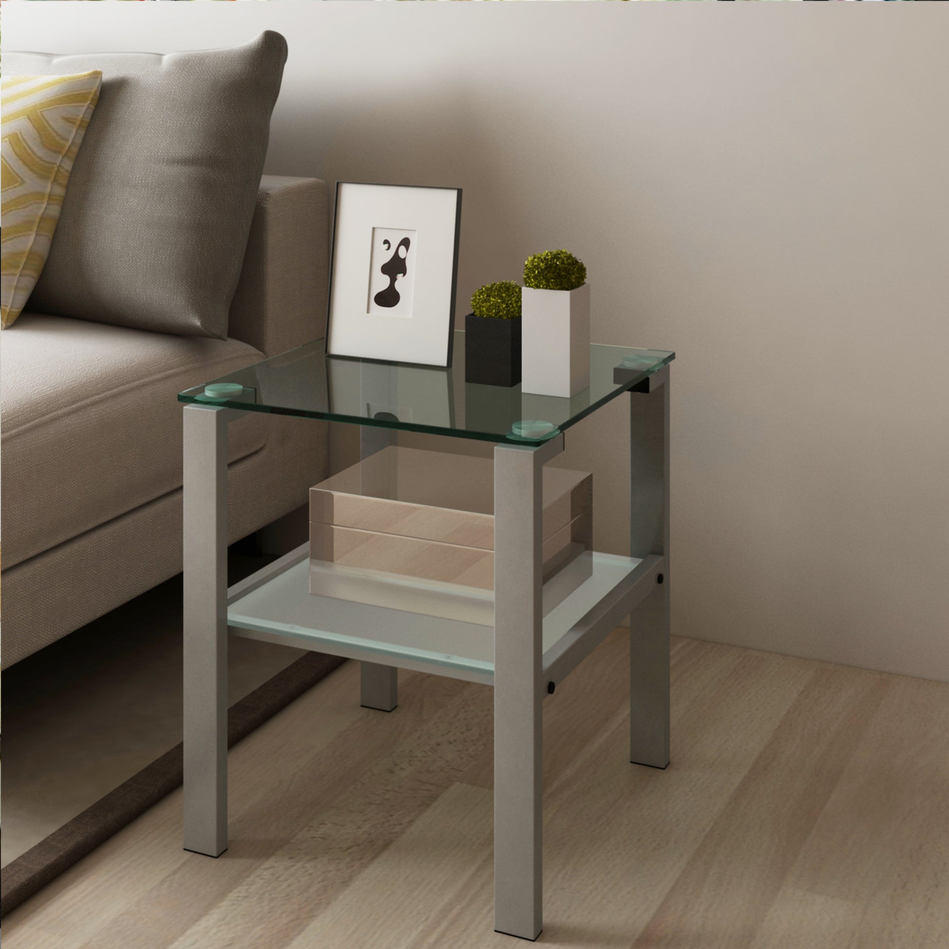 Glass Two Layer Tea Table, Small Round Table, Bedroom Corner Table, Living Room Grey Side Table Gray Glass