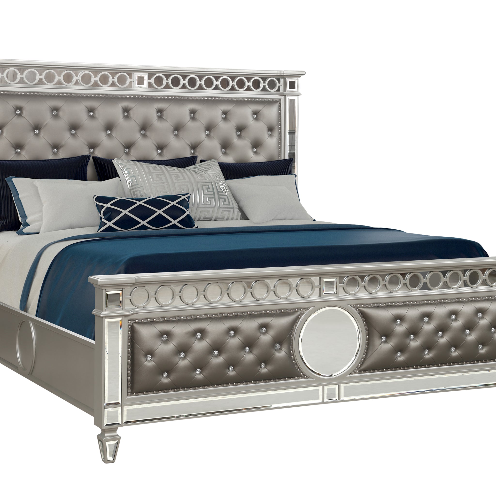 Symphony Modern Style Ringed & Mirror Front Crystal Tufted Upholstery King Bed Made With Wood & Diamond Shaped Legs In Silver Box Spring Required King Silver Wood Bedroom Modern Slat Beds Solid Wood Mdf Polyester Wood