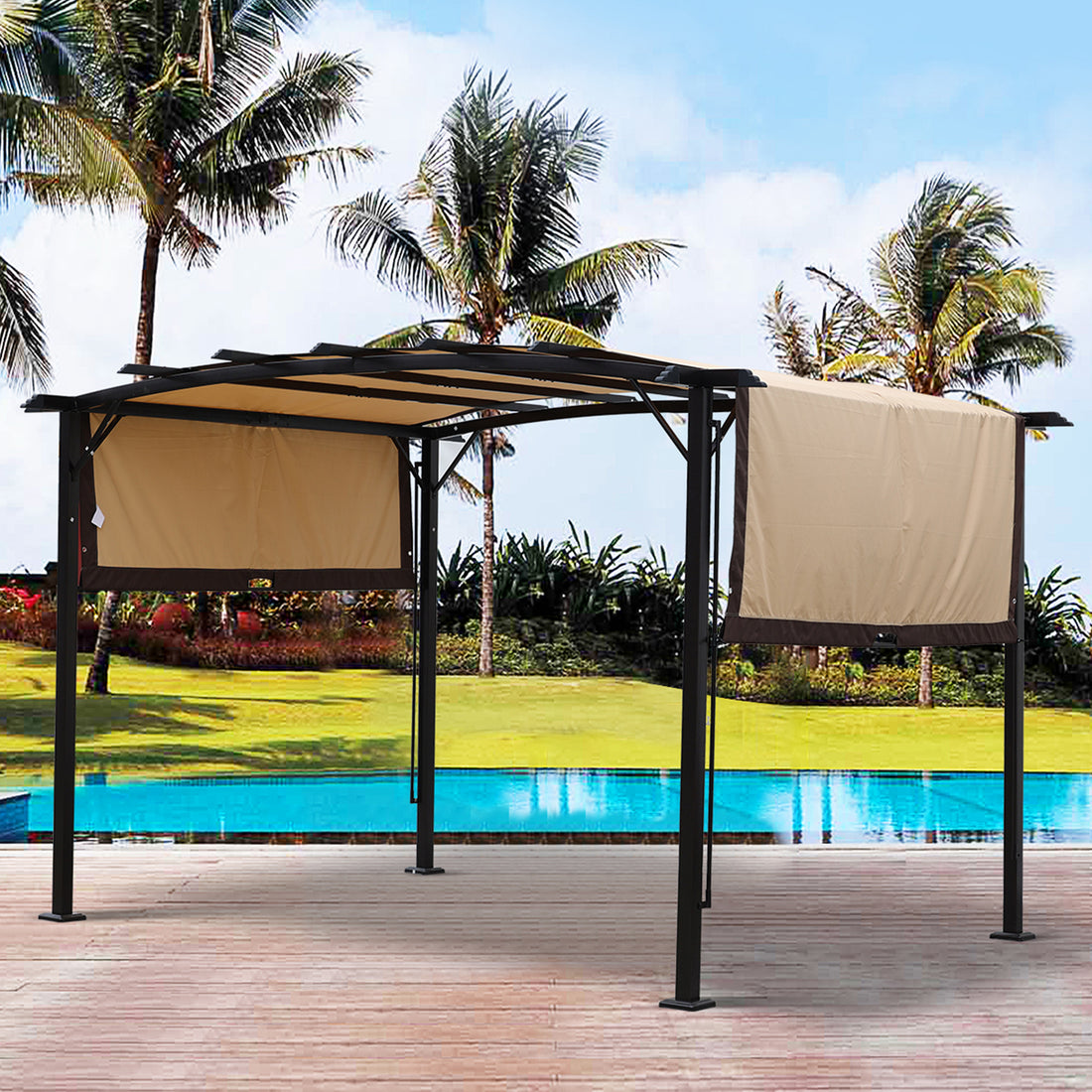 12 X 9 Ft Outdoor Pergola Patio Gazebo,Retractable Shade Canopy,Steel Frame Grape Gazebo,Sunshelter Pergola For Gardens,Terraces,Backyard Same As W419S00041 Beige Brown Steel