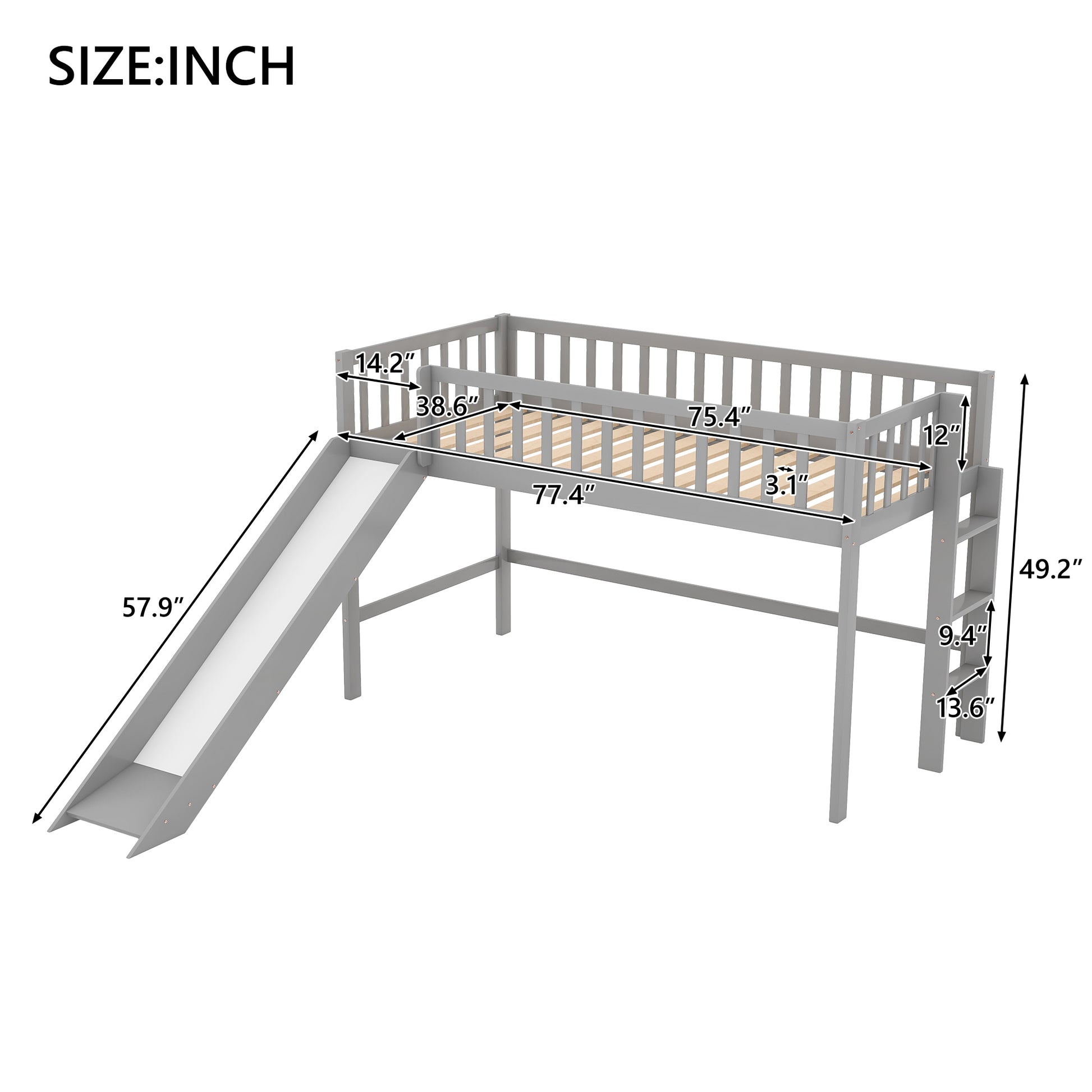 Twin Size Low Loft Bed With Ladder And Slide, Gray Old Sku:Wf196418Aae Gray Pine