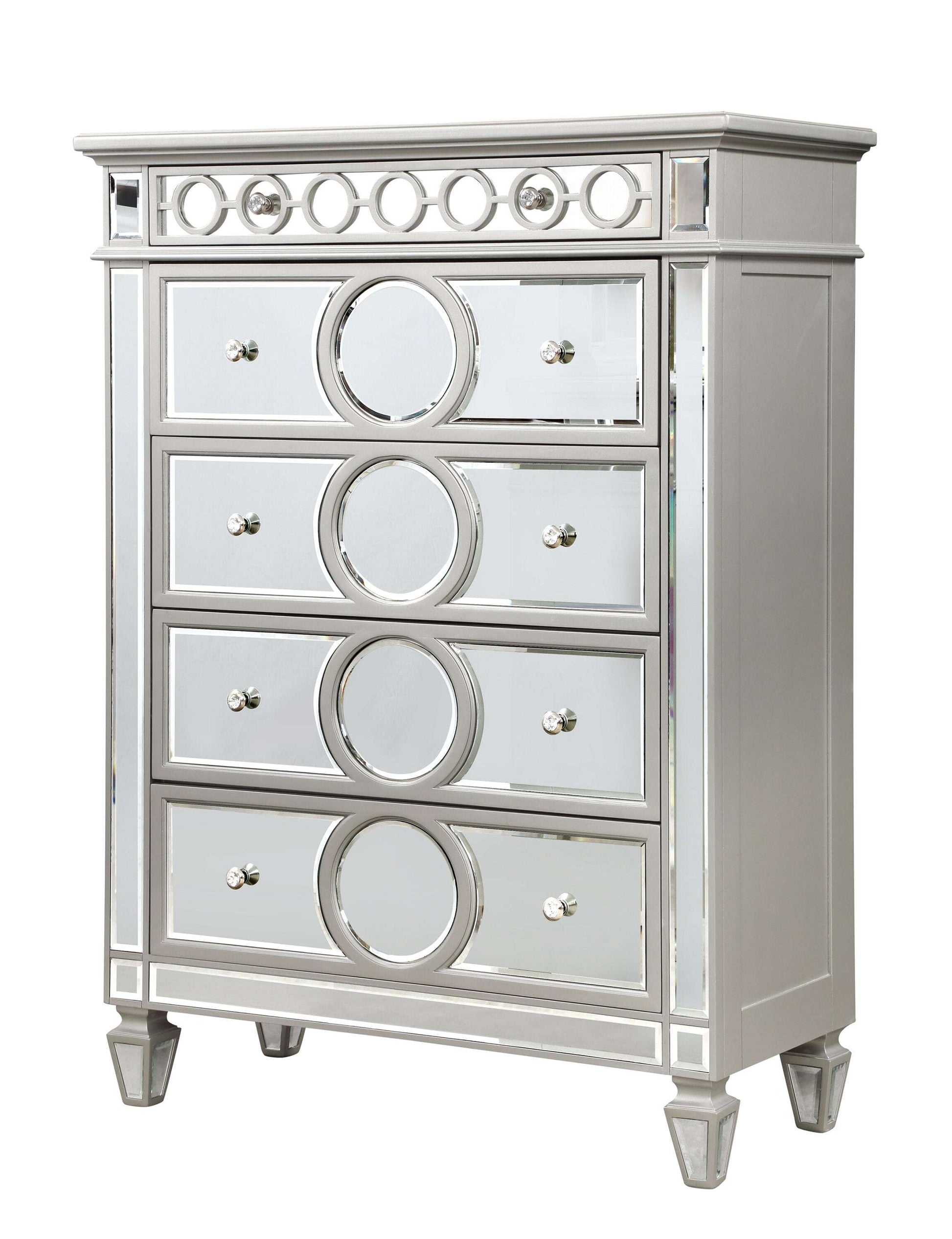 Symphony Modern Style Mirror Front 5 Drawer Chest With Diamond Shaped Legs And Made With Wood In Silver Silver Drawer 5 Drawers & Above Bedroom Ball Bearing Glides Modern Mirrored Finish Silver Solid Wood Mdf Wood
