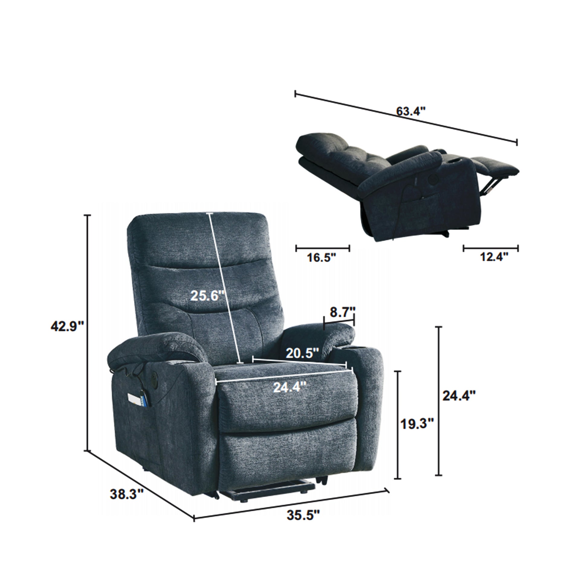 Liyasi Electric Power Lift Recliner Chair With Massage And Heat For Elderly, 3 Positions, 2 Side Pockets, Cup Holders, Usb Charge Ports, High End Quality Cloth Power Reclining Chair For Living Room. Dark Gray Foam Fabric