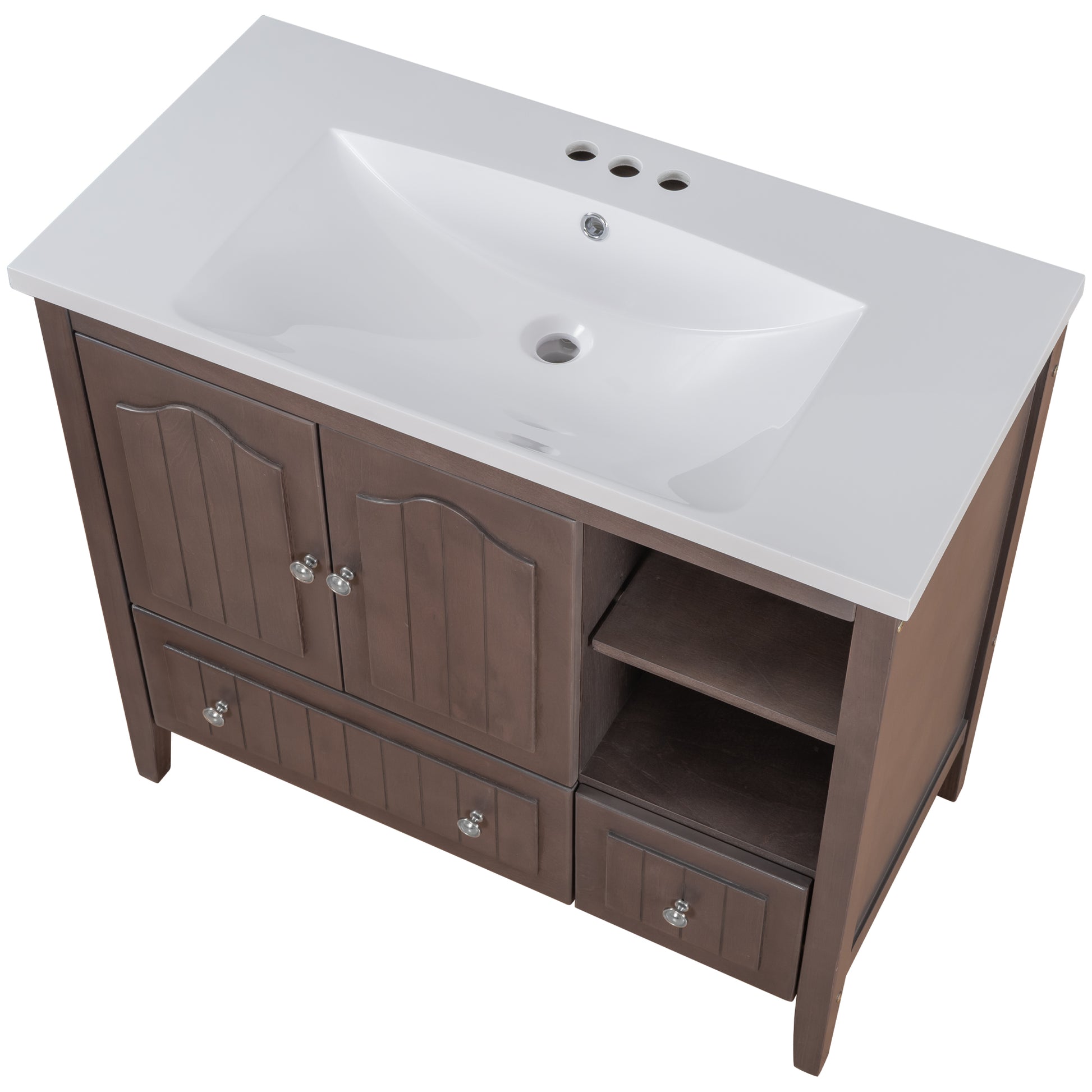 Video 36" Bathroom Vanity With Ceramic Basin, Bathroom Storage Cabinet With Two Doors And Drawers, Solid Frame, Metal Handles, Brown Old Sku: Jl000003Aad 1 Brown Solid Wood