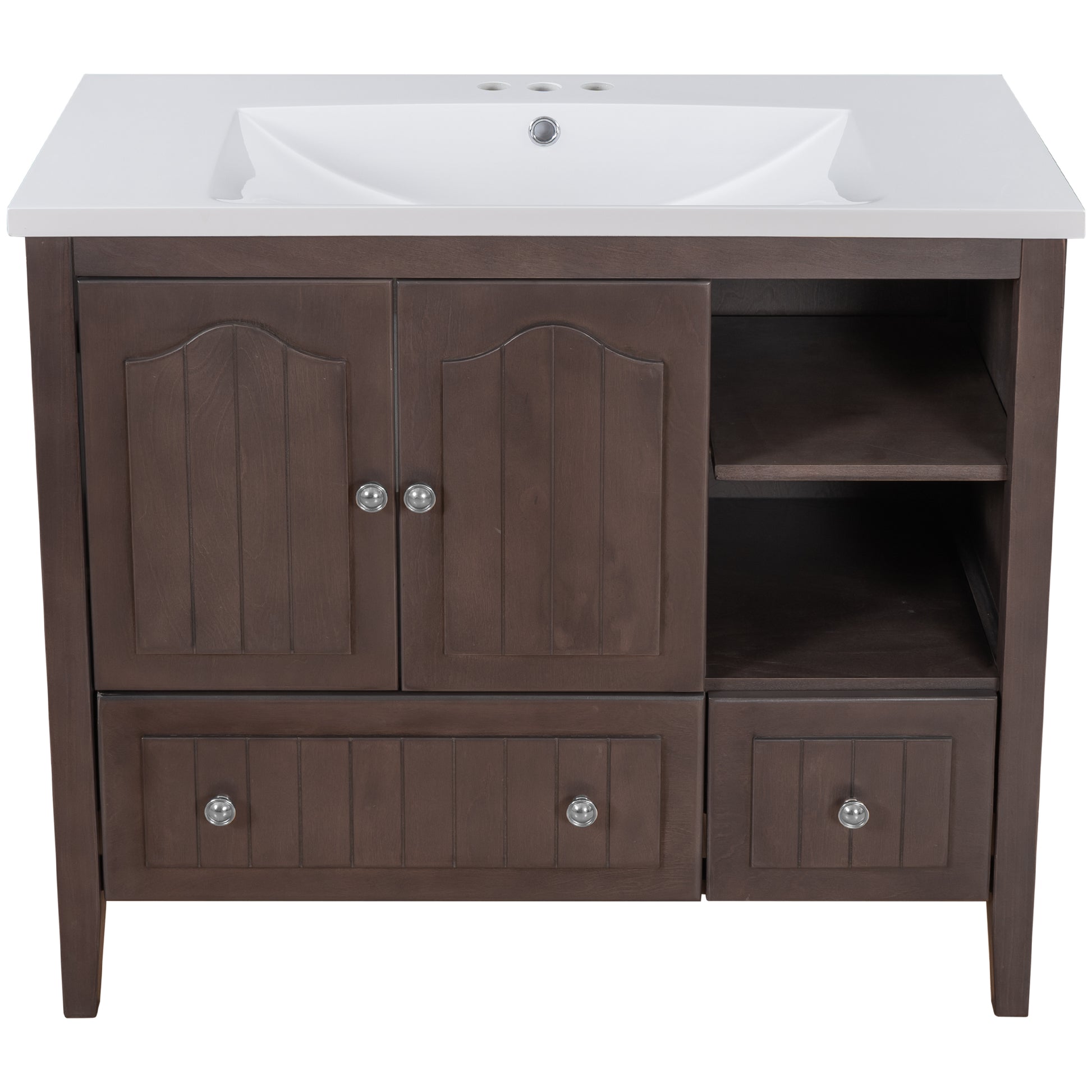 Video 36" Bathroom Vanity With Ceramic Basin, Bathroom Storage Cabinet With Two Doors And Drawers, Solid Frame, Metal Handles, Brown Old Sku: Jl000003Aad 1 Brown Solid Wood