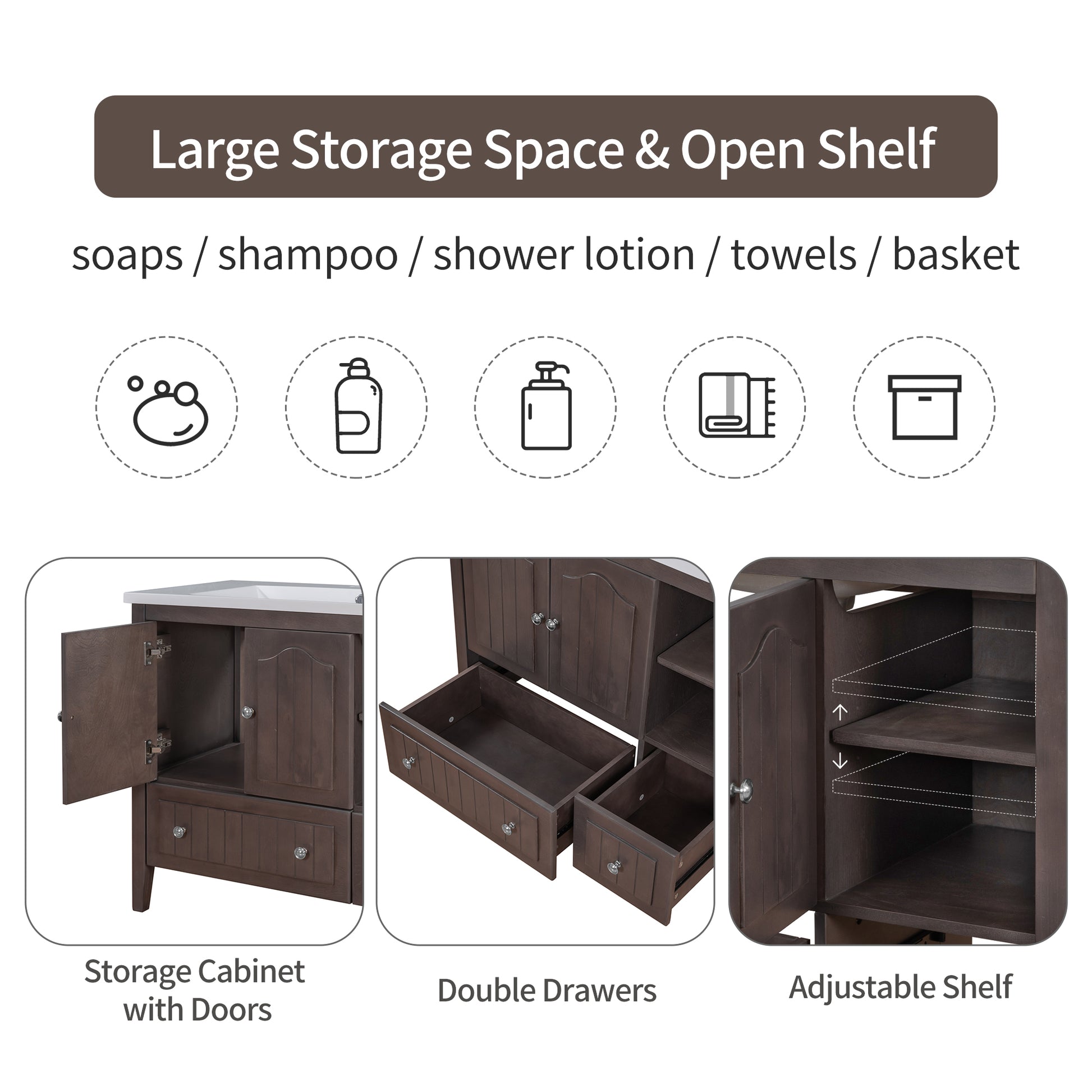 Video 36" Bathroom Vanity With Ceramic Basin, Bathroom Storage Cabinet With Two Doors And Drawers, Solid Frame, Metal Handles, Brown Old Sku: Jl000003Aad 1 Brown Solid Wood