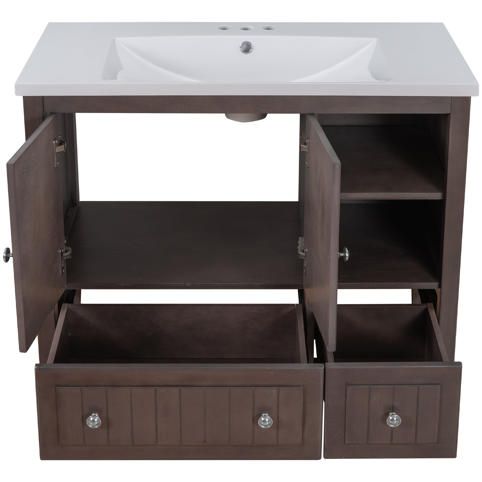 Video 36" Bathroom Vanity With Ceramic Basin, Bathroom Storage Cabinet With Two Doors And Drawers, Solid Frame, Metal Handles, Brown Old Sku: Jl000003Aad 1 Brown Solid Wood
