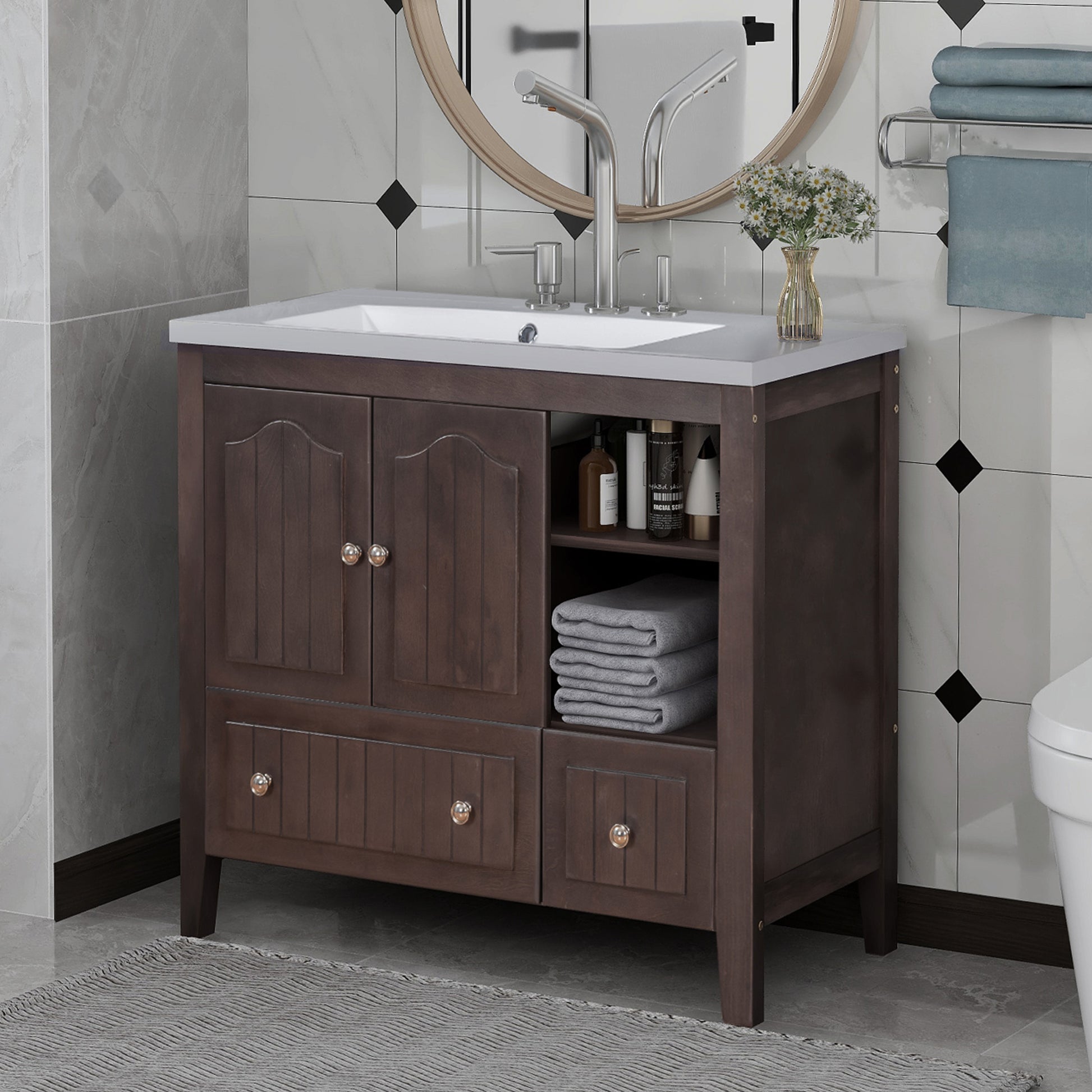 Video 36" Bathroom Vanity With Ceramic Basin, Bathroom Storage Cabinet With Two Doors And Drawers, Solid Frame, Metal Handles, Brown Old Sku: Jl000003Aad 1 Brown Solid Wood