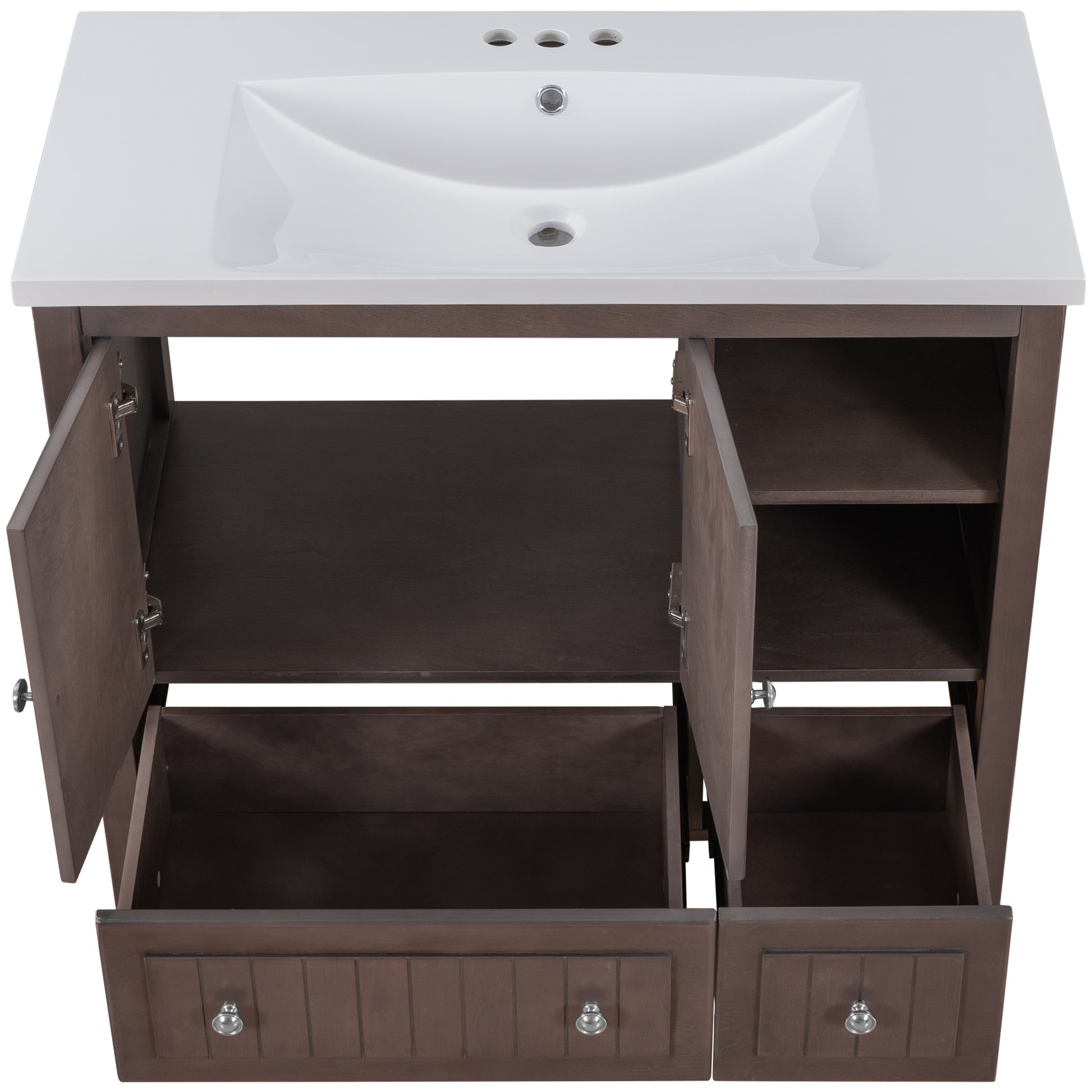 Video 36" Bathroom Vanity With Ceramic Basin, Bathroom Storage Cabinet With Two Doors And Drawers, Solid Frame, Metal Handles, Brown Old Sku: Jl000003Aad 1 Brown Solid Wood