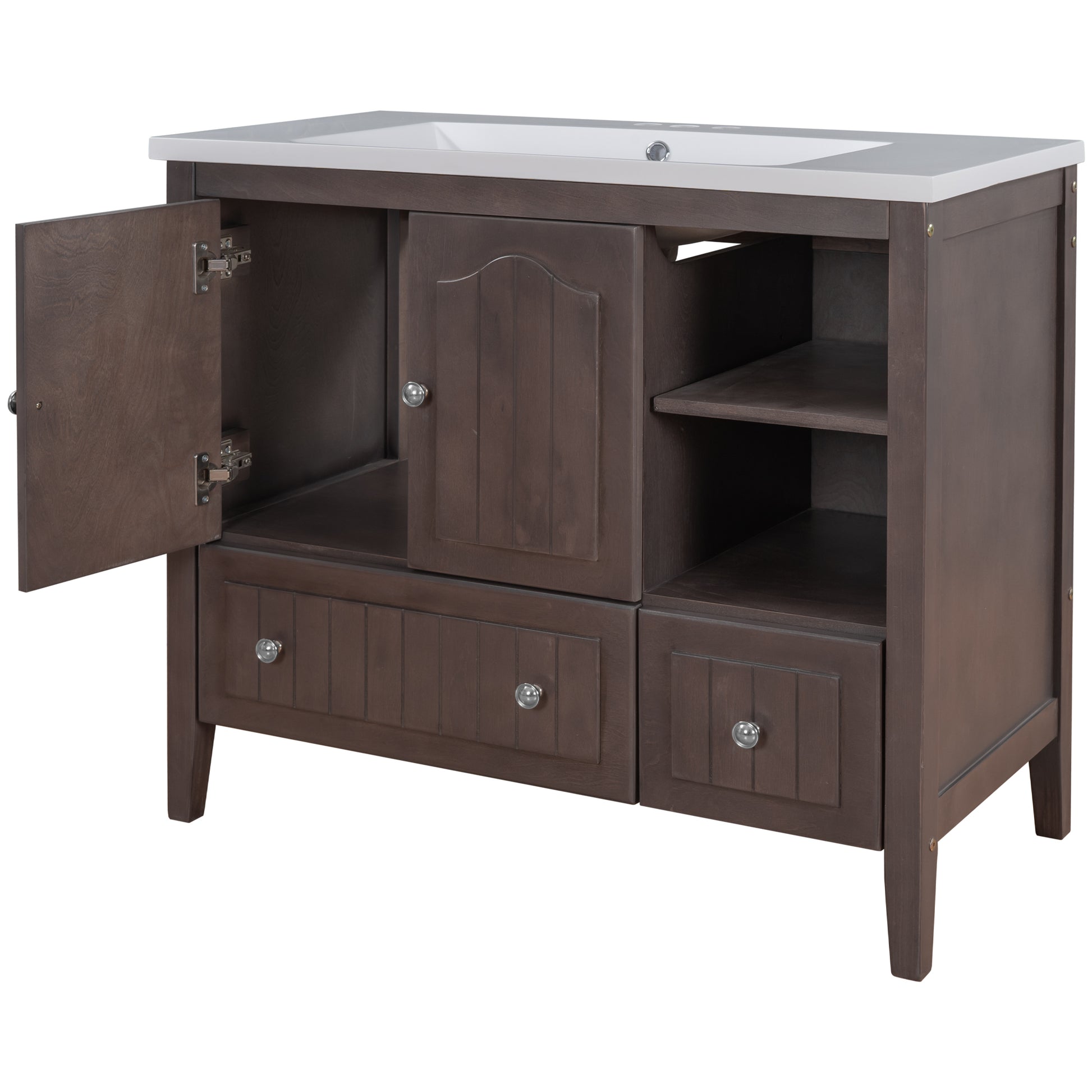 Video 36" Bathroom Vanity With Ceramic Basin, Bathroom Storage Cabinet With Two Doors And Drawers, Solid Frame, Metal Handles, Brown Old Sku: Jl000003Aad 1 Brown Solid Wood