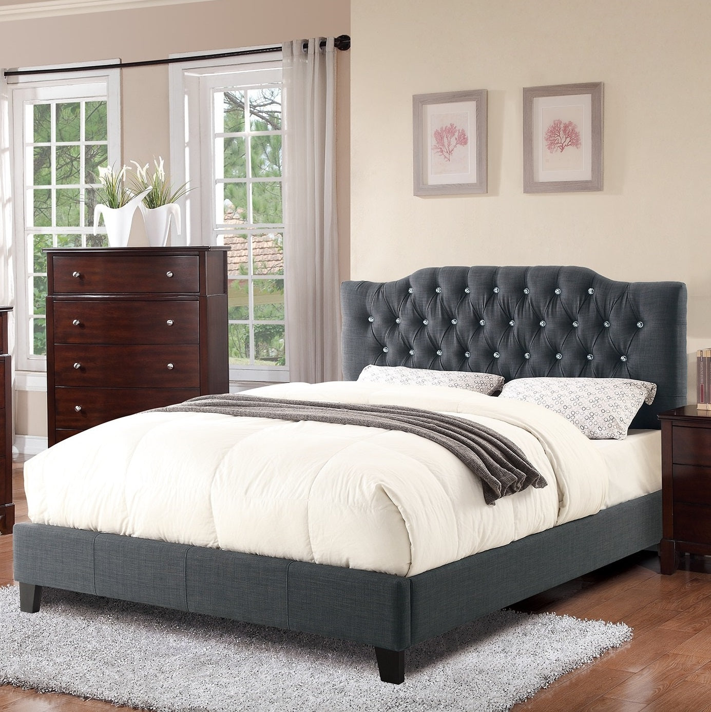Modern Gorgeous Blue Grey Polyfiber Tufted Full Size Bed 1Pc Bedframe Upholstered Headboard Bedroom Furniture Wooden Plywood Full Grey Mix Wood Bedroom Modern,Transitional Poplar Bed Frame Plywood