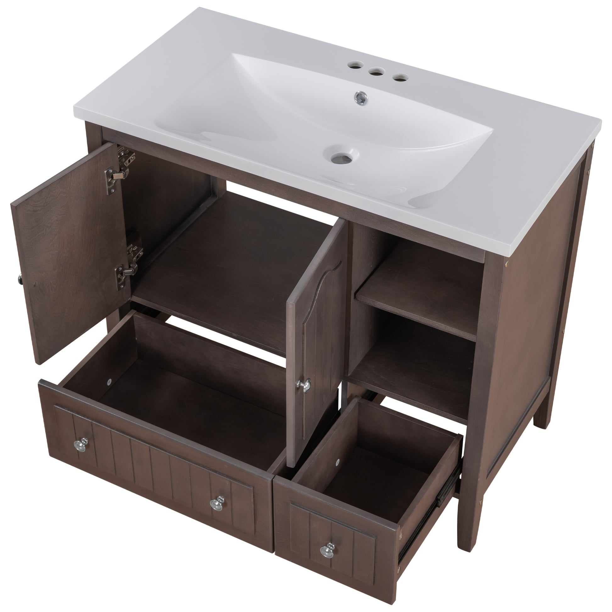 Video 36" Bathroom Vanity With Ceramic Basin, Bathroom Storage Cabinet With Two Doors And Drawers, Solid Frame, Metal Handles, Brown Old Sku: Jl000003Aad 1 Brown Solid Wood