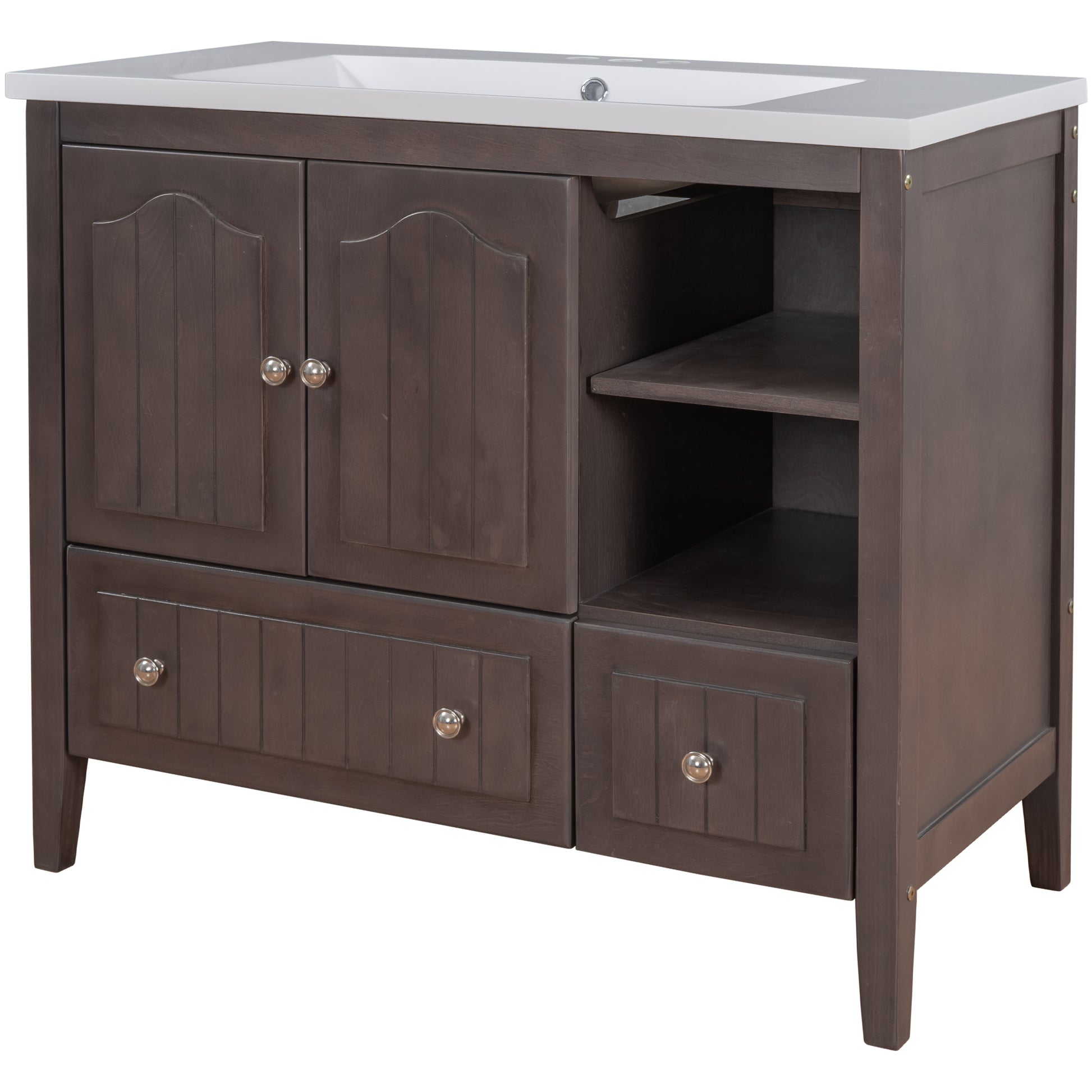 Video 36" Bathroom Vanity With Ceramic Basin, Bathroom Storage Cabinet With Two Doors And Drawers, Solid Frame, Metal Handles, Brown Old Sku: Jl000003Aad 1 Brown Solid Wood