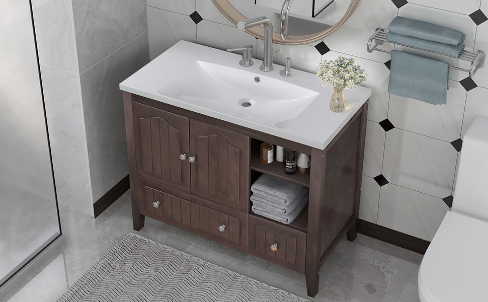 Video 36" Bathroom Vanity With Ceramic Basin, Bathroom Storage Cabinet With Two Doors And Drawers, Solid Frame, Metal Handles, Brown Old Sku: Jl000003Aad 1 Brown Solid Wood