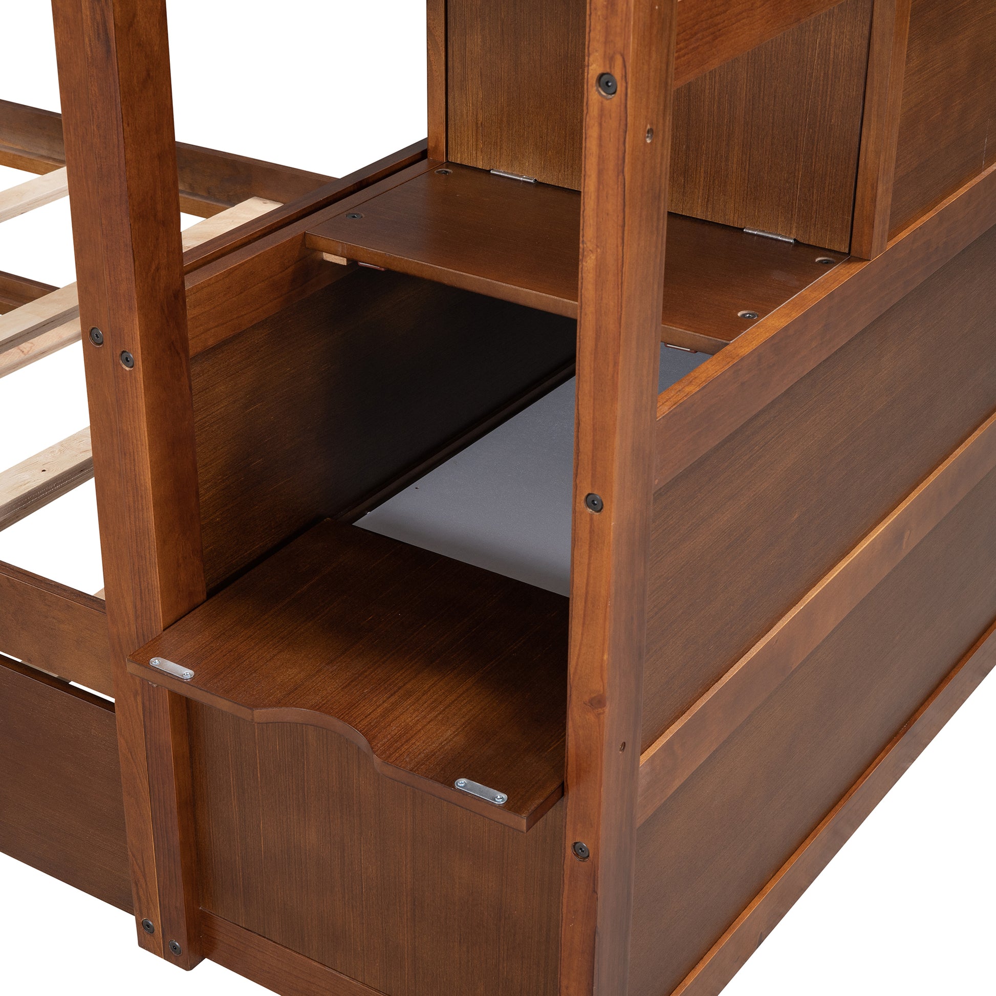 Twin Over Twin Bunk Bed With Twin Size Trundle And 3 Storage Stairs,Walnut Old Sku :Lp000064Aad Walnut Solid Wood