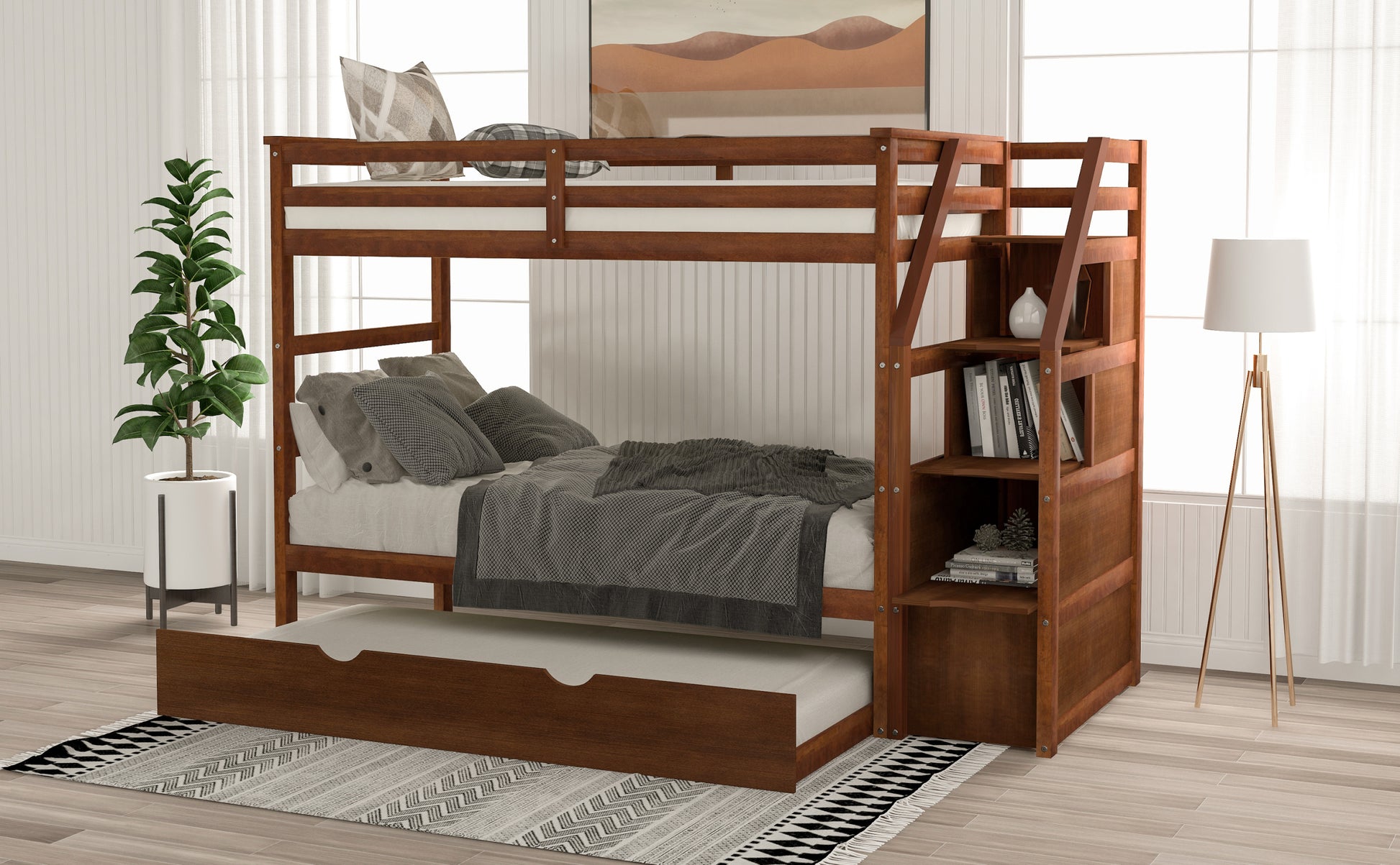 Twin Over Twin Bunk Bed With Twin Size Trundle And 3 Storage Stairs,Walnut Old Sku :Lp000064Aad Walnut Solid Wood