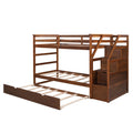 Twin Over Twin Bunk Bed With Twin Size Trundle And 3 Storage Stairs,Walnut Old Sku :Lp000064Aad Walnut Solid Wood