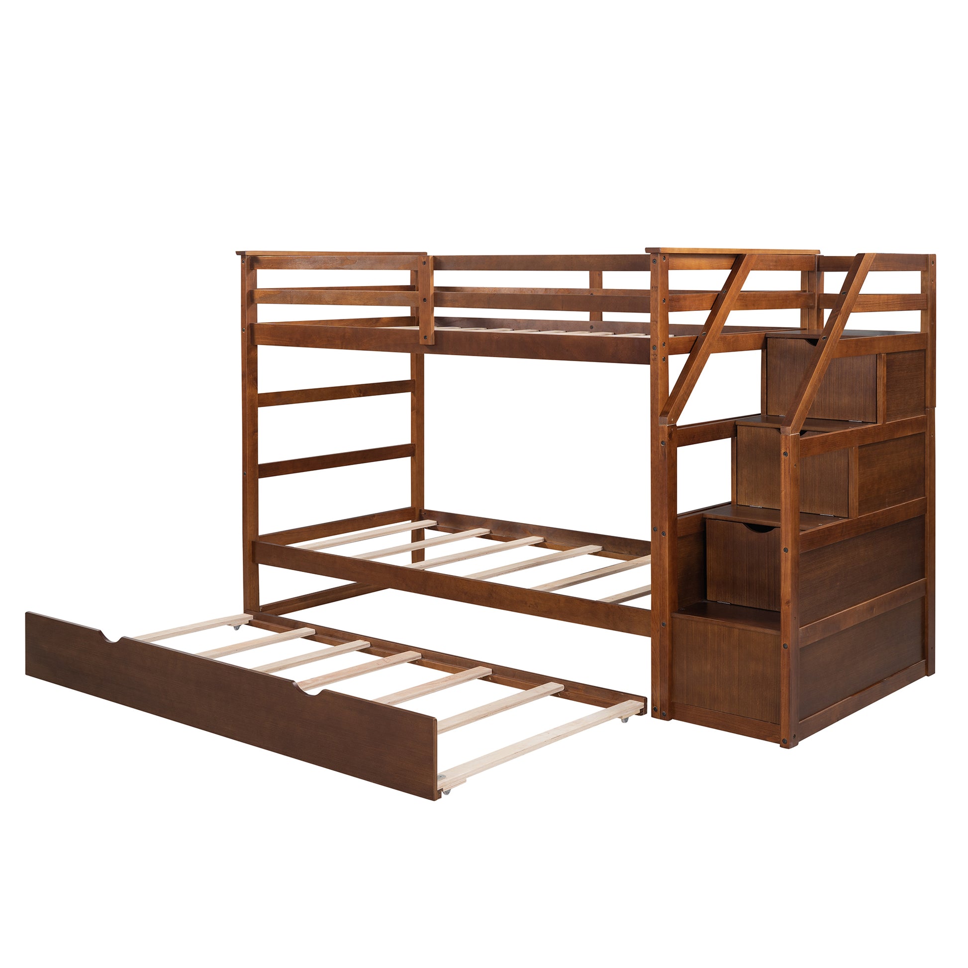Twin Over Twin Bunk Bed With Twin Size Trundle And 3 Storage Stairs,Walnut Old Sku :Lp000064Aad Walnut Solid Wood