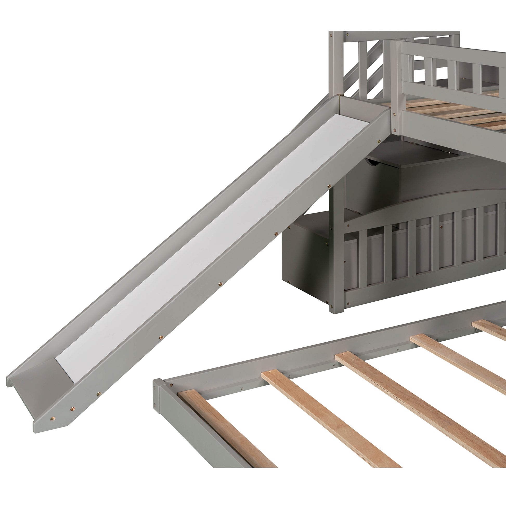 Twin Over Twin Bunk Bed With Two Drawers And Slide, House Bed With Slide, White Old Sku :Lp000129Aae Gray Pine