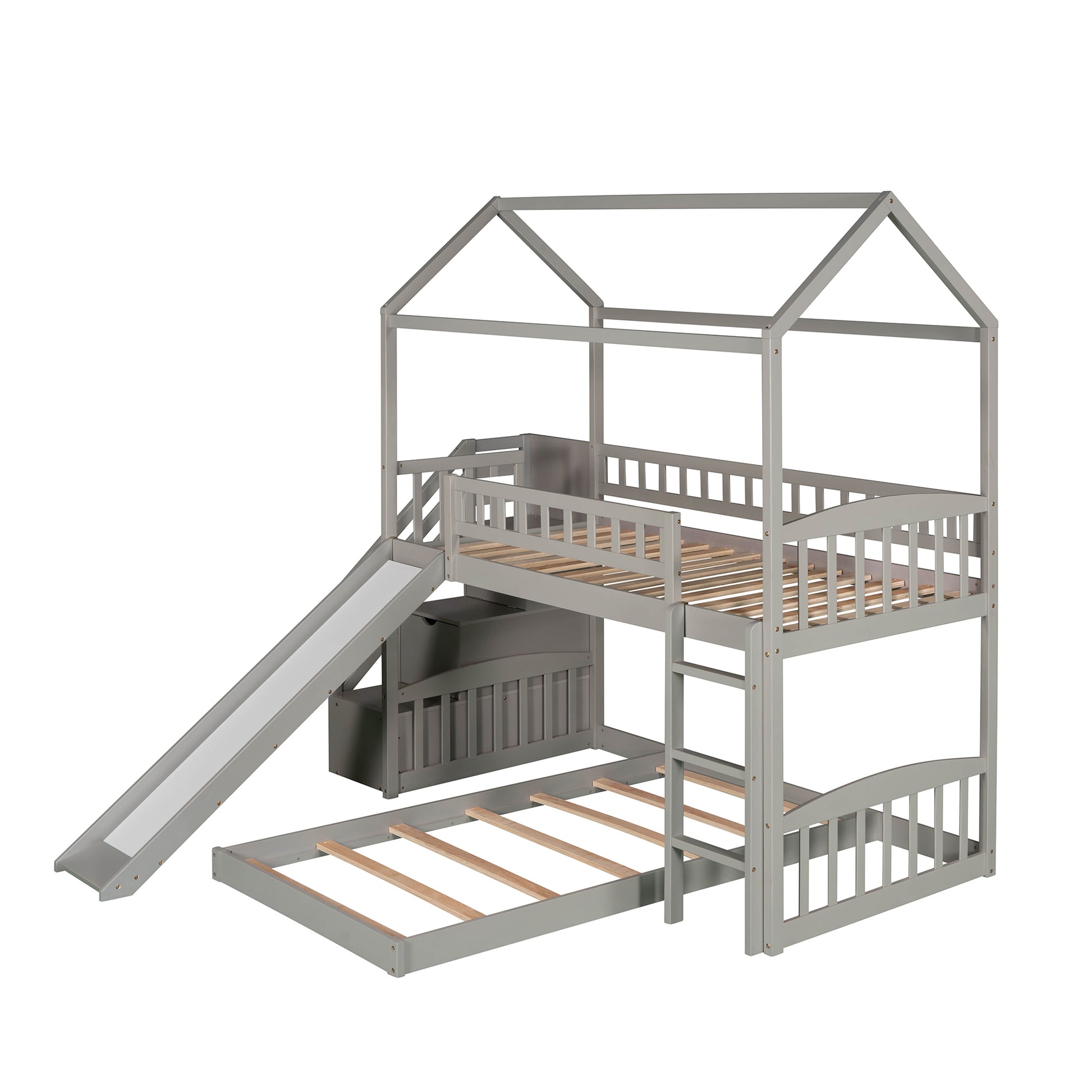 Twin Over Twin Bunk Bed With Two Drawers And Slide, House Bed With Slide, White Old Sku :Lp000129Aae Gray Pine