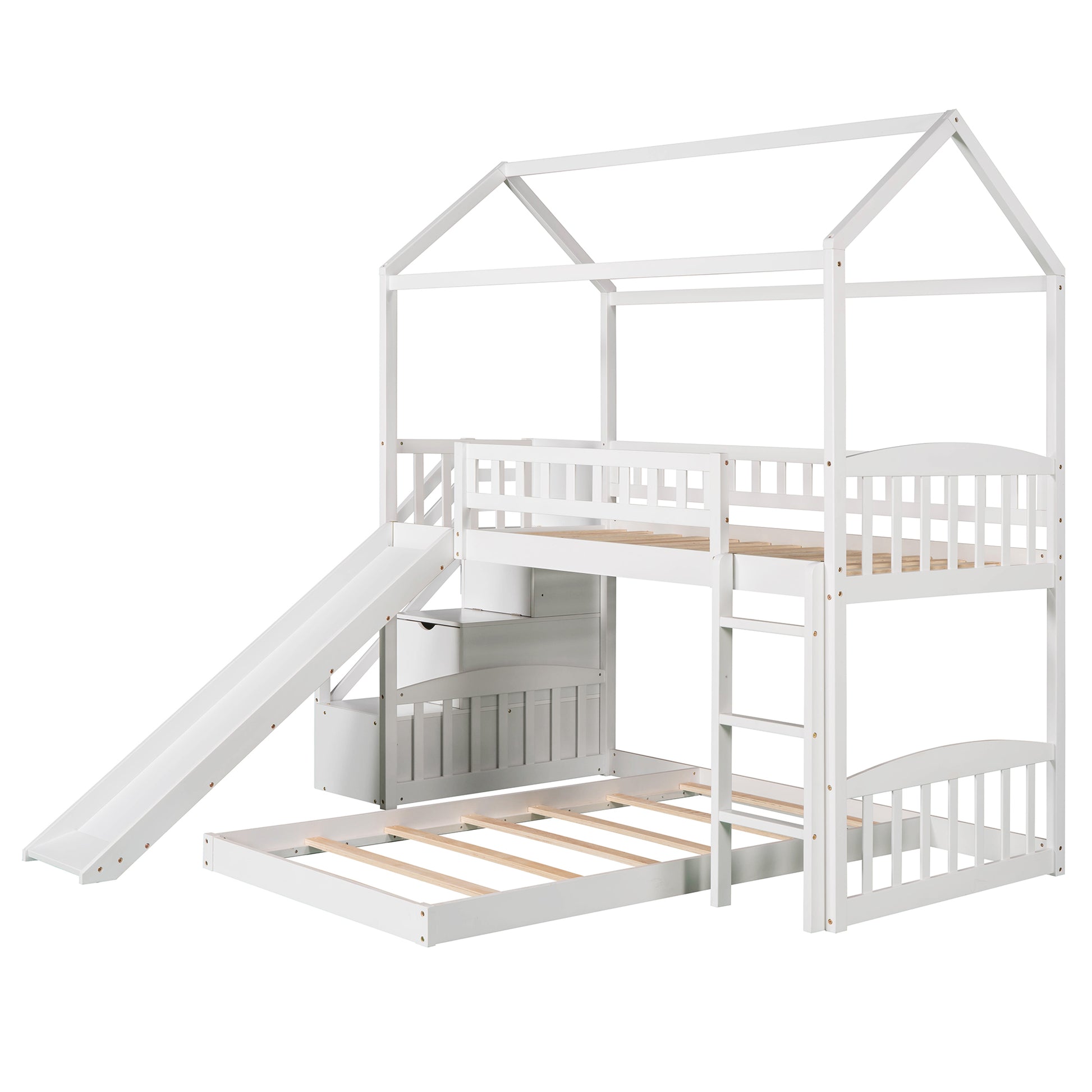 Twin Over Twin Bunk Bed With Two Drawers And Slide, House Bed With Slide, White Old Sku :Lp000129Aak White Pine