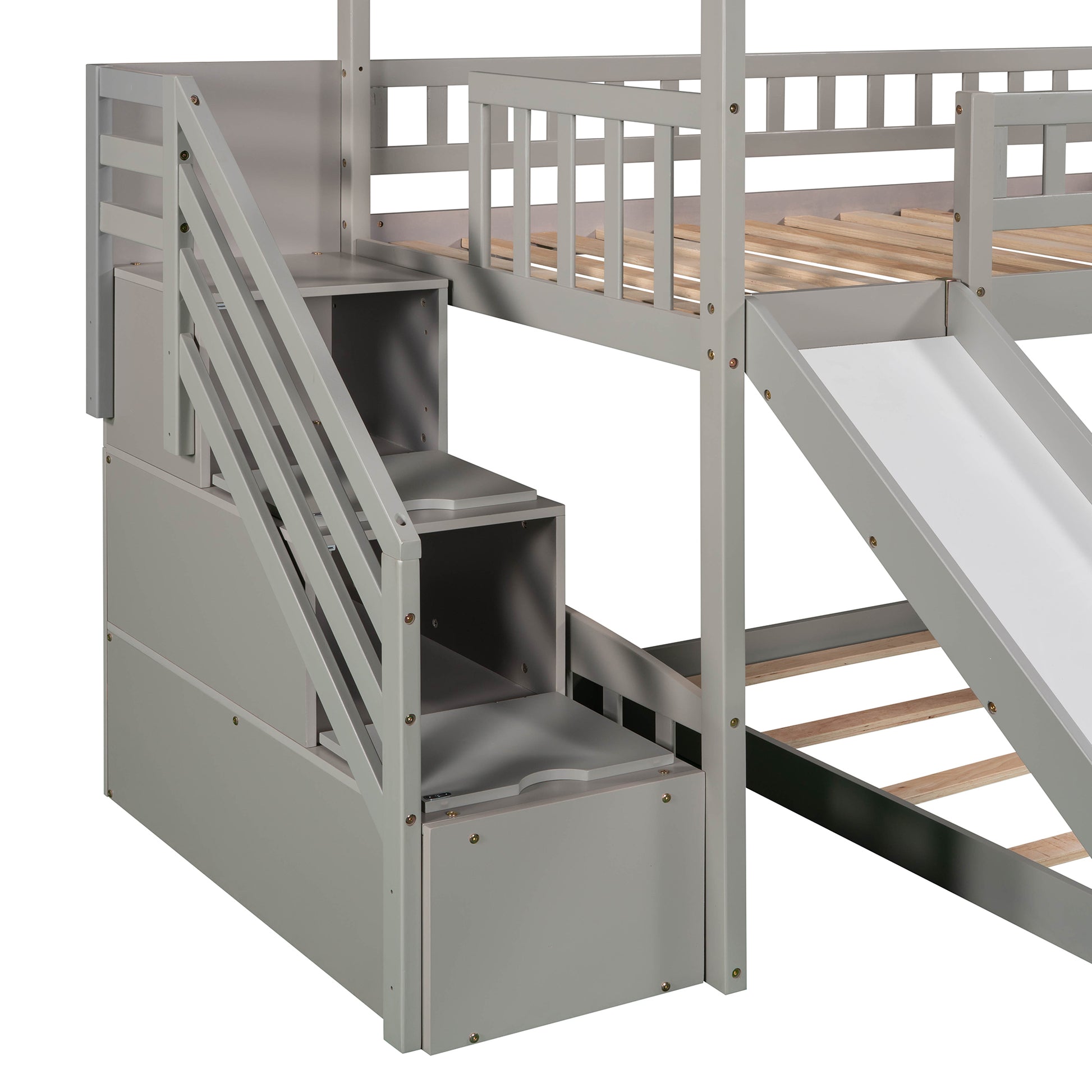 Twin Over Twin Bunk Bed With Two Drawers And Slide, House Bed With Slide, White Old Sku :Lp000129Aae Gray Pine