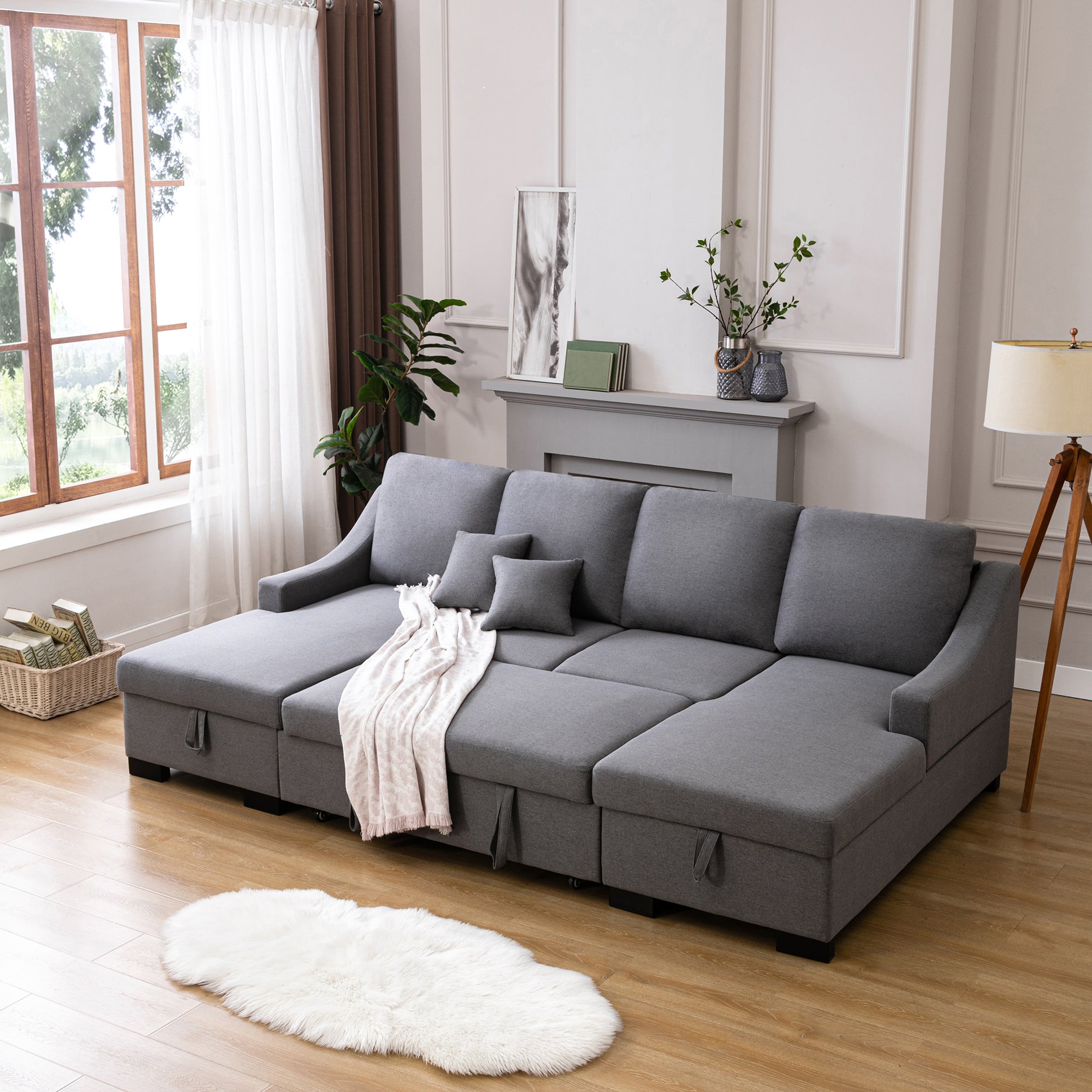 Upholstery Sleeper Sectional Sofa With Double Storage Spaces, 2 Tossing Cushions, Grey Grey Linen