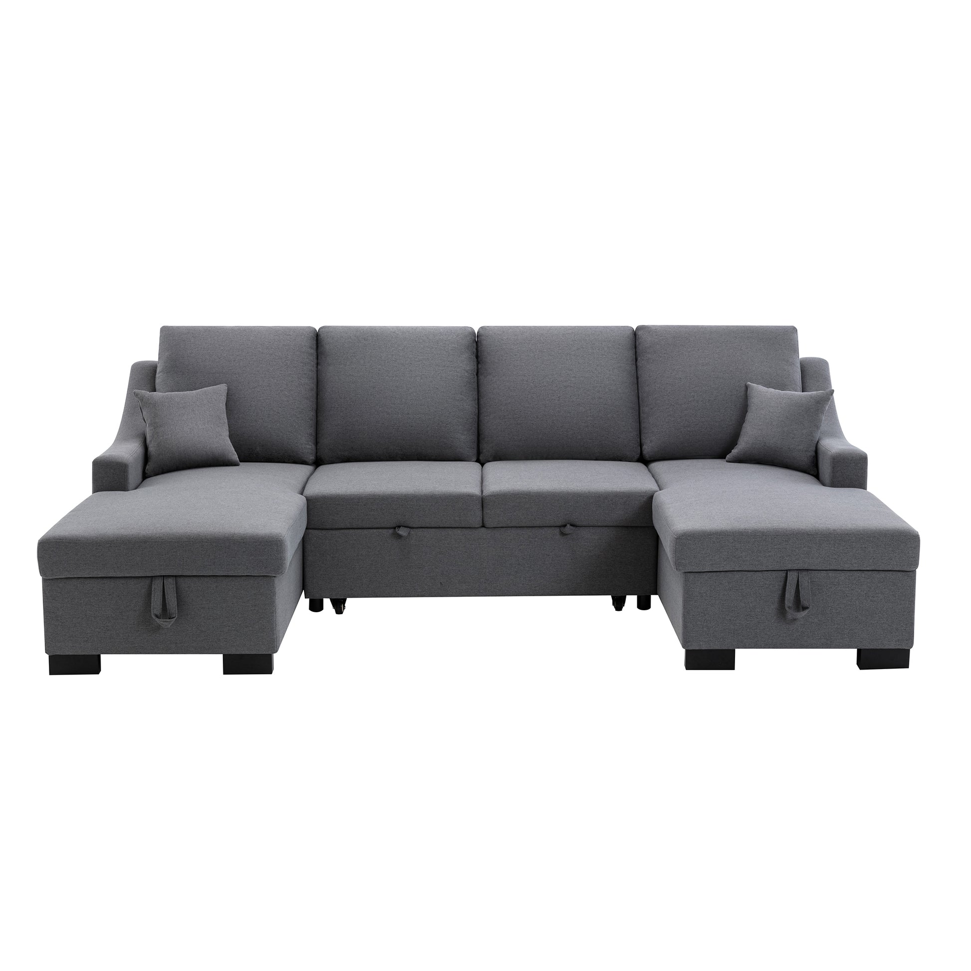 Upholstery Sleeper Sectional Sofa With Double Storage Spaces, 2 Tossing Cushions, Grey Grey Linen