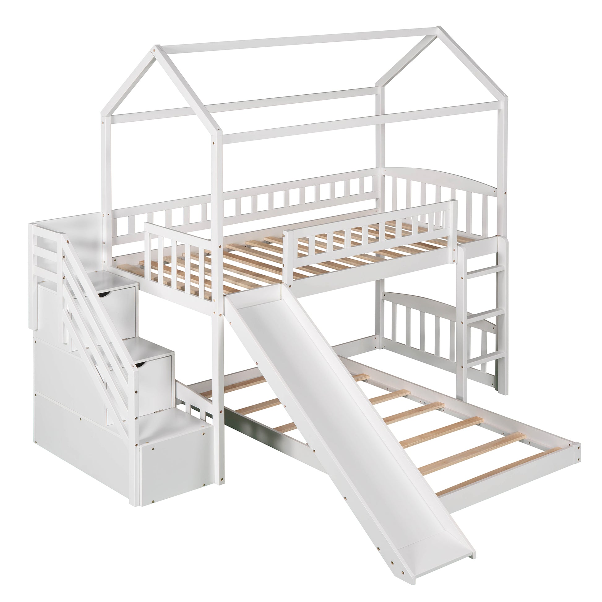 Twin Over Twin Bunk Bed With Two Drawers And Slide, House Bed With Slide, White Old Sku :Lp000129Aak White Pine