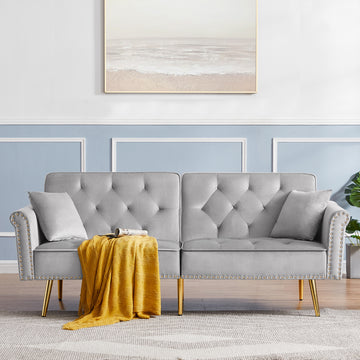 Grey Velvet Tufted Sofa Couch With 2 Pillows And Trim Light Grey Wood Foam Velvet 2 Seat