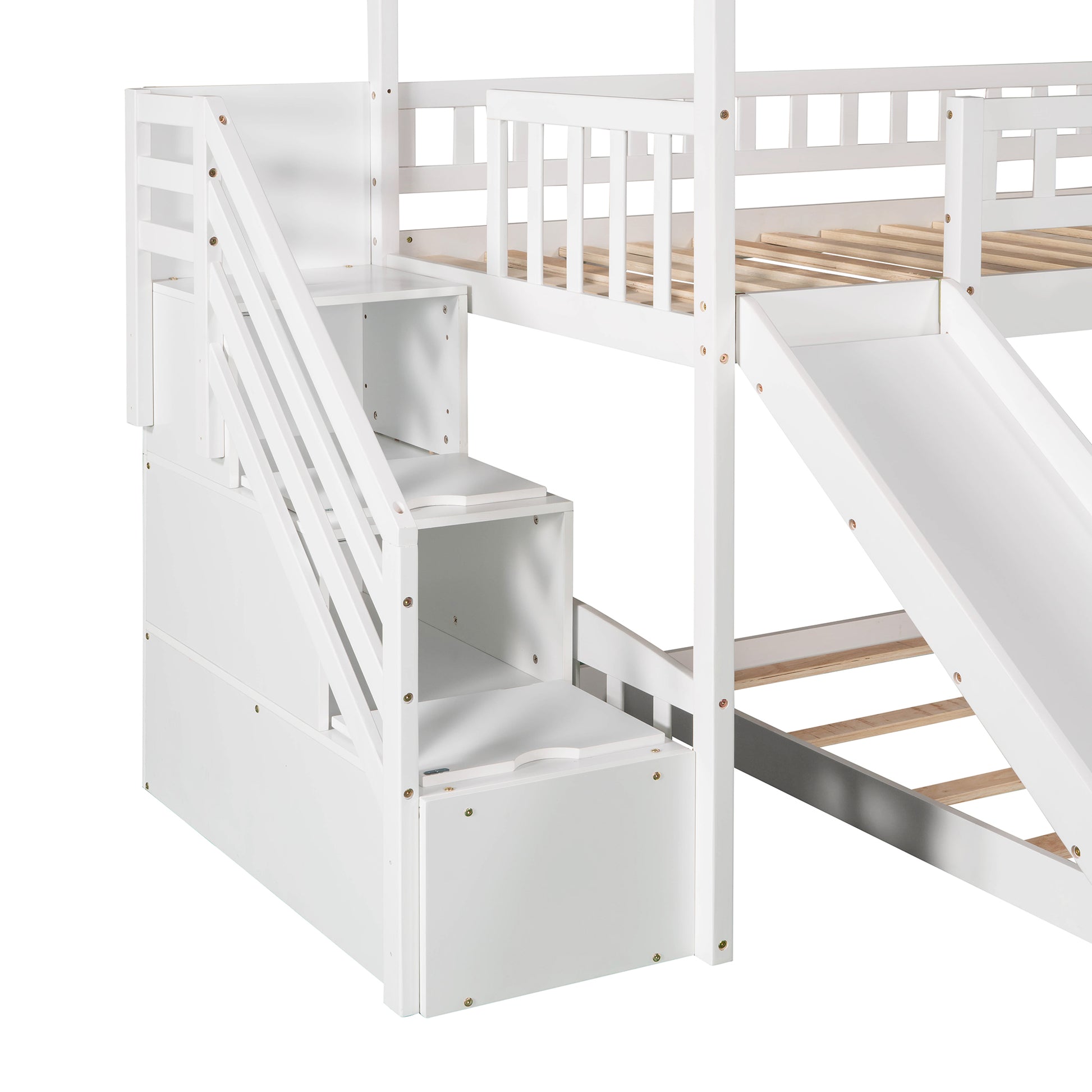 Twin Over Twin Bunk Bed With Two Drawers And Slide, House Bed With Slide, White Old Sku :Lp000129Aak White Pine