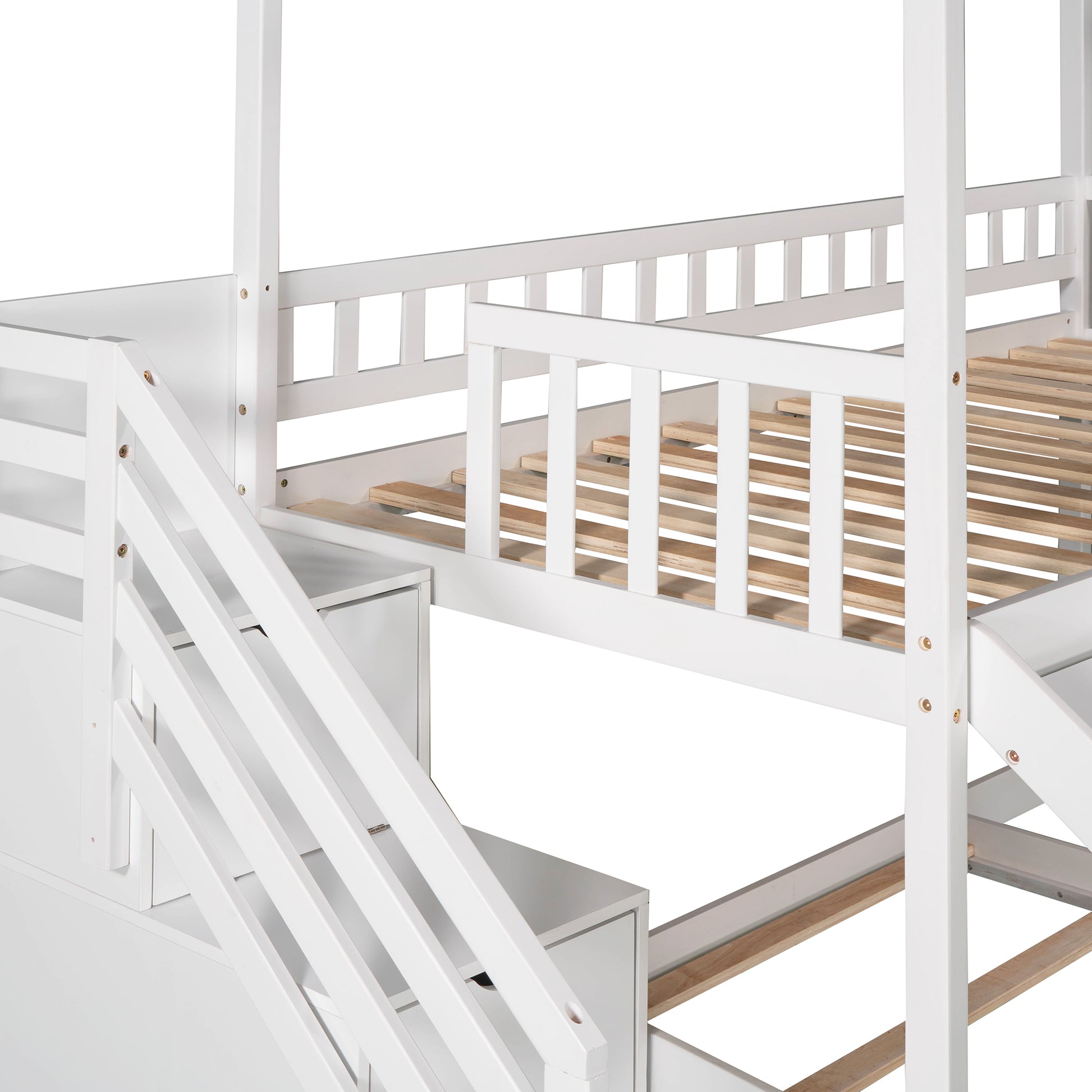 Twin Over Twin Bunk Bed With Two Drawers And Slide, House Bed With Slide, White Old Sku :Lp000129Aak White Pine