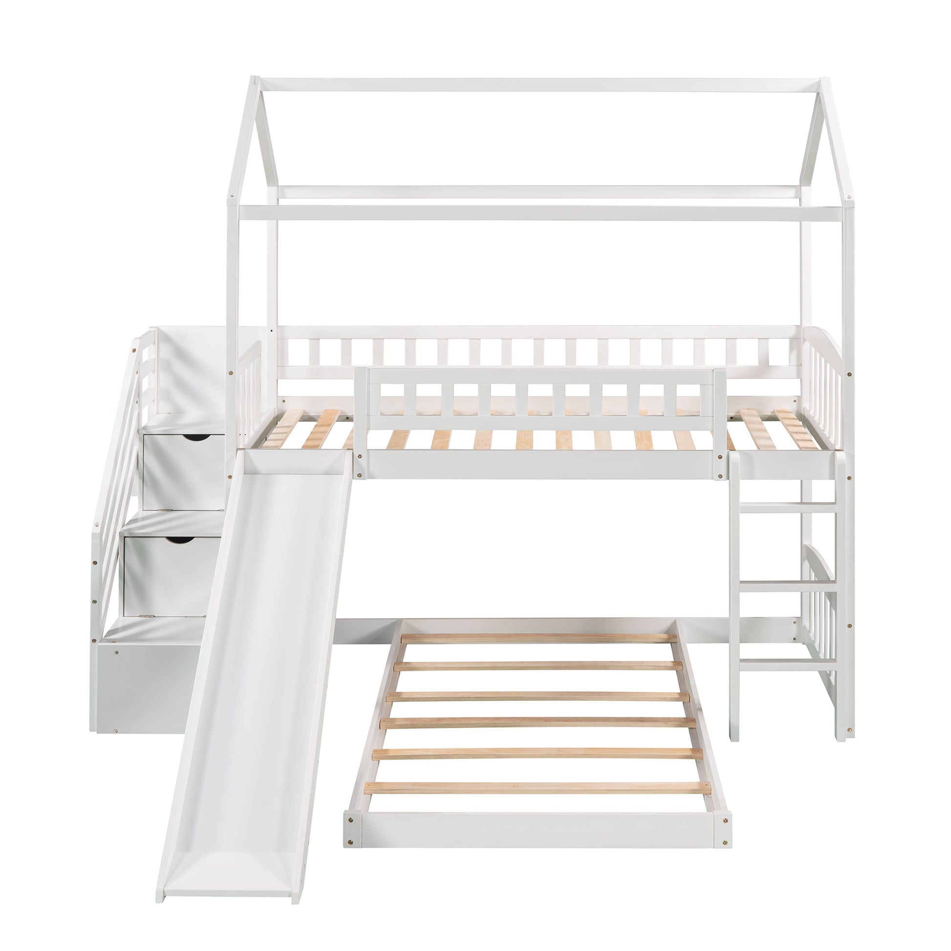 Twin Over Twin Bunk Bed With Two Drawers And Slide, House Bed With Slide, White Old Sku :Lp000129Aak White Pine