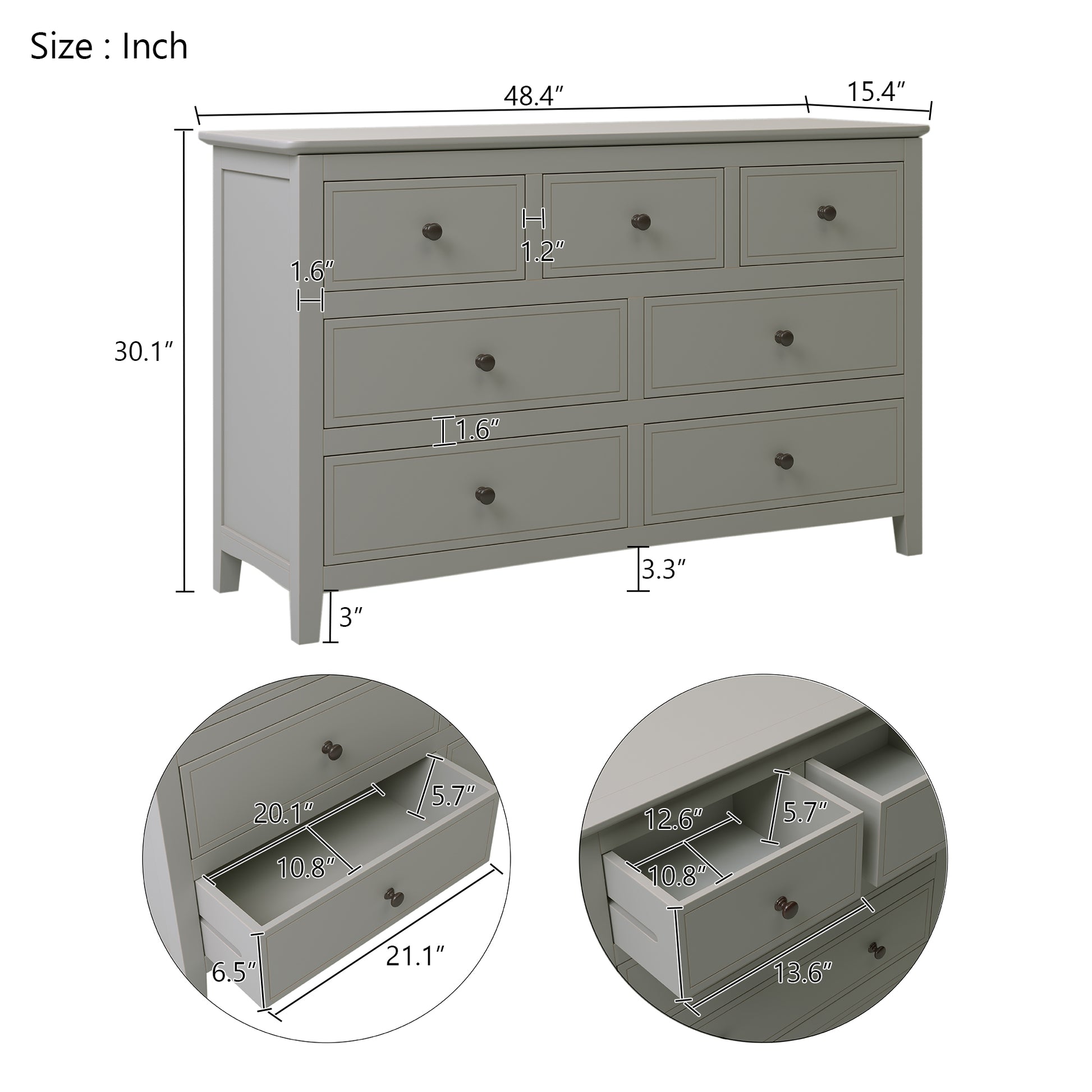 7 Drawers Solid Wood Dresser,Gray Old Sku:Wf283151Aag Gray Solid Wood