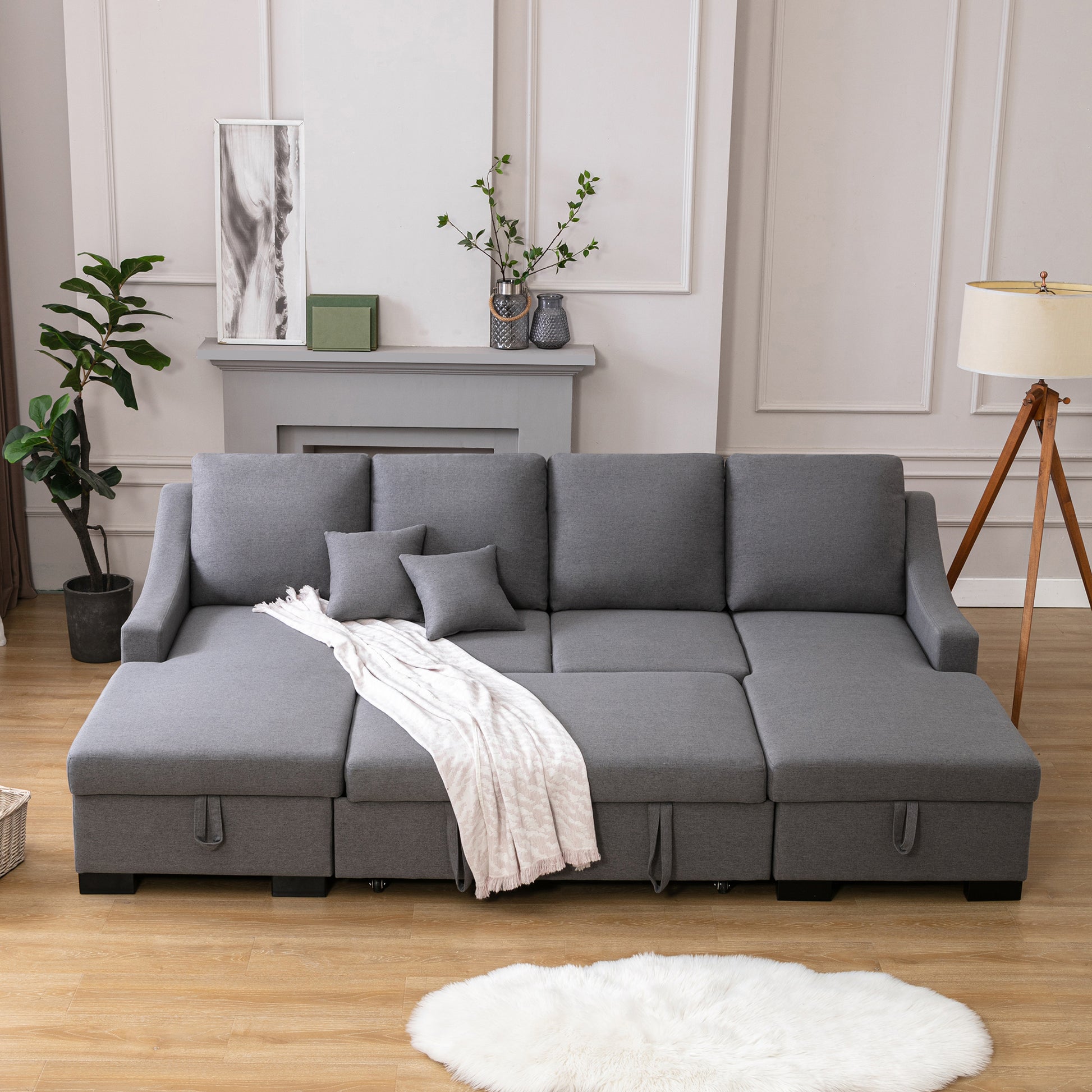 Upholstery Sleeper Sectional Sofa With Double Storage Spaces, 2 Tossing Cushions, Grey Grey Linen