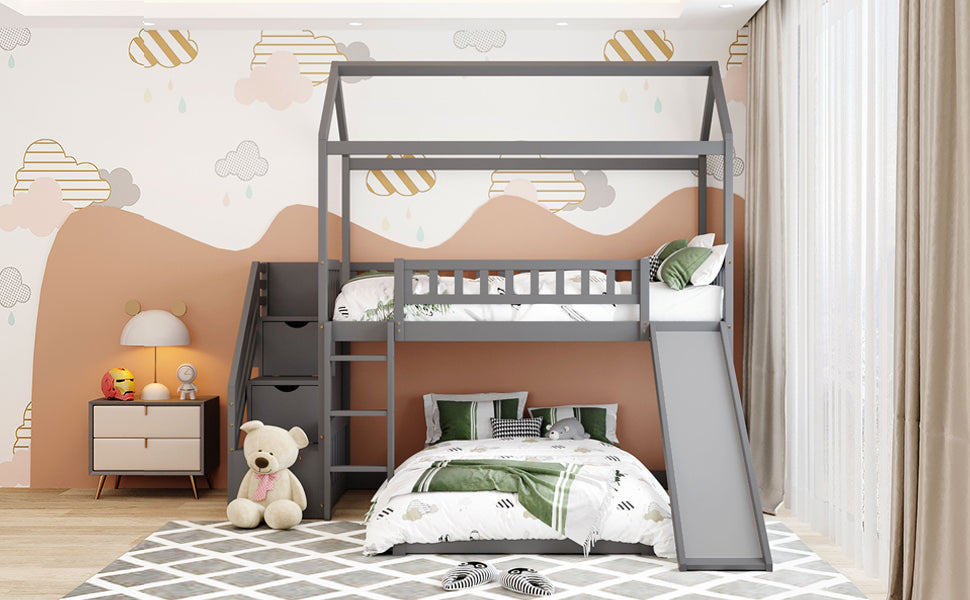 Twin Over Twin Bunk Bed With Two Drawers And Slide, House Bed With Slide, White Old Sku :Lp000129Aae Gray Pine