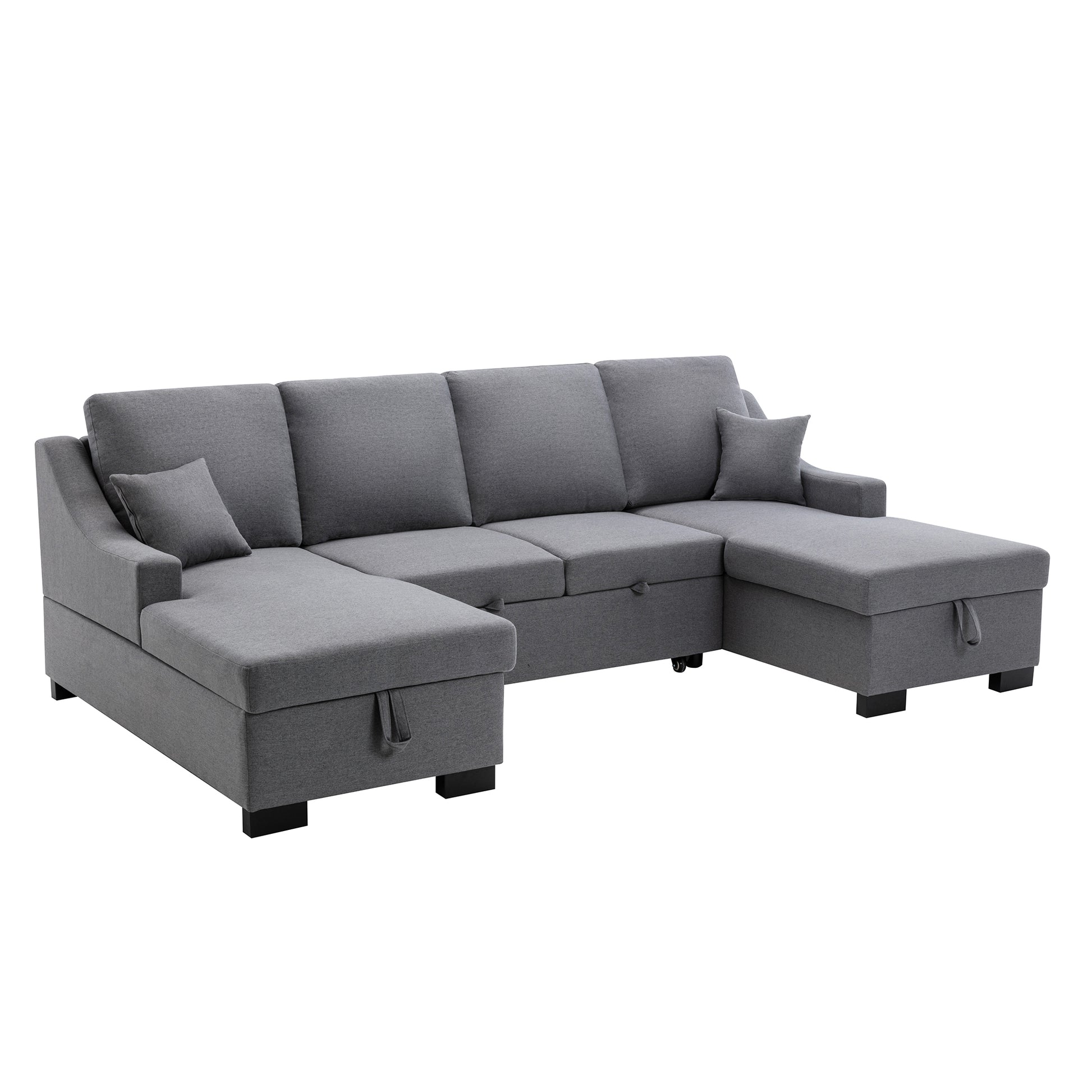 Upholstery Sleeper Sectional Sofa With Double Storage Spaces, 2 Tossing Cushions, Grey Grey Linen