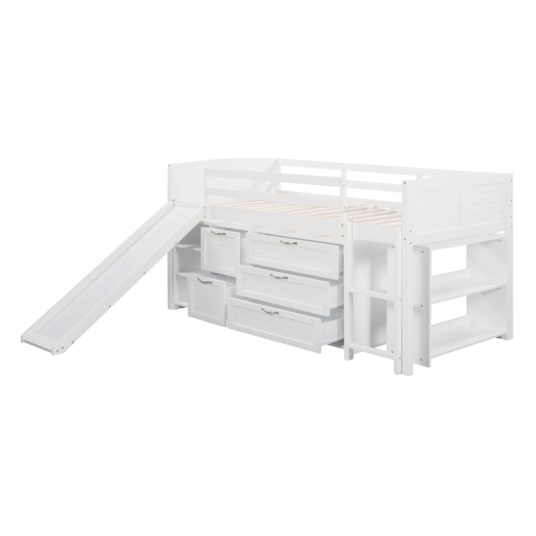 Low Twin Size Loft Bed With Cabinets, Shelves And Slide White Old Sku :Lp000503Aak White Solid Wood