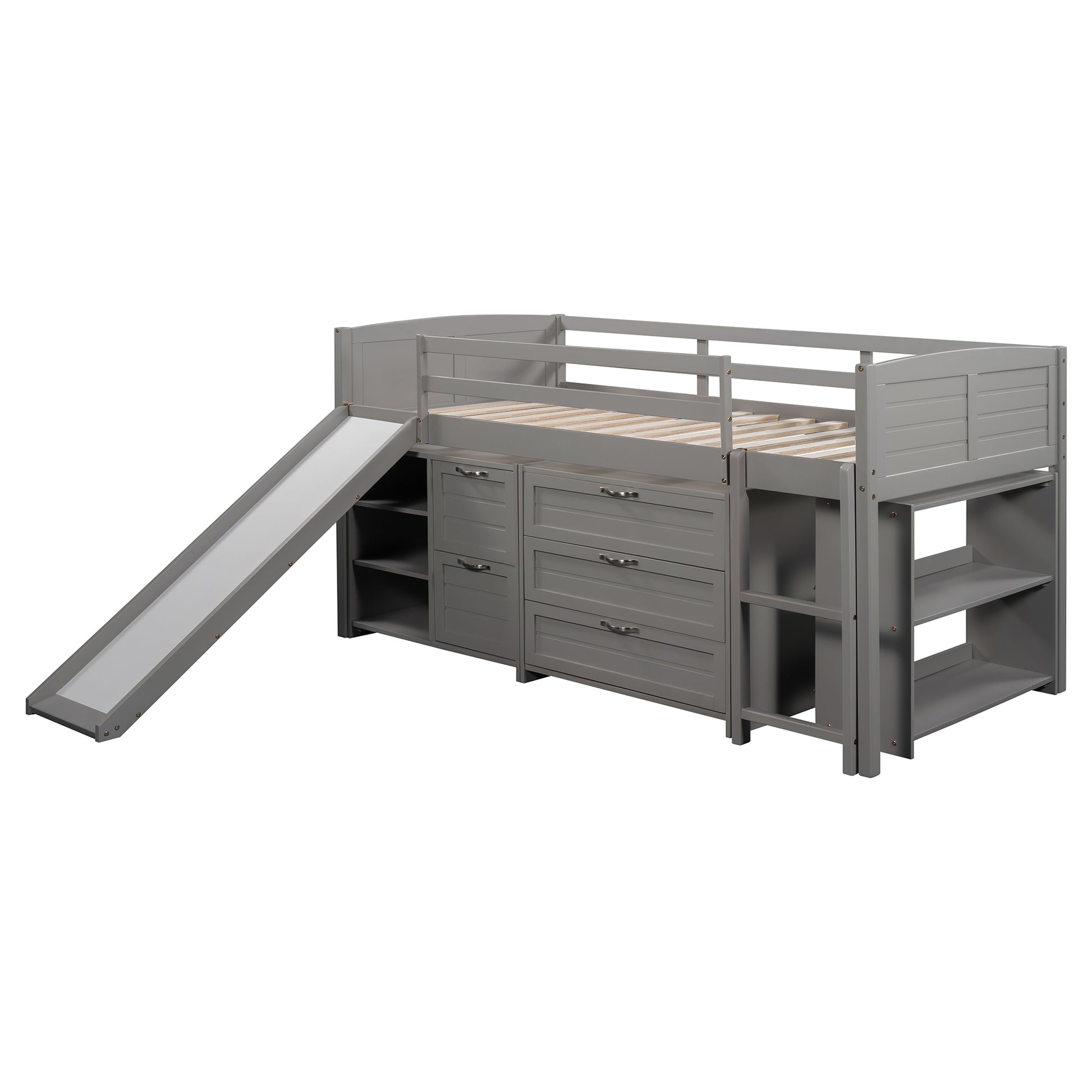 Low Twin Size Loft Bed With Cabinets, Shelves And Slide Gray Old Sku :Lp000503Aae Gray Solid Wood