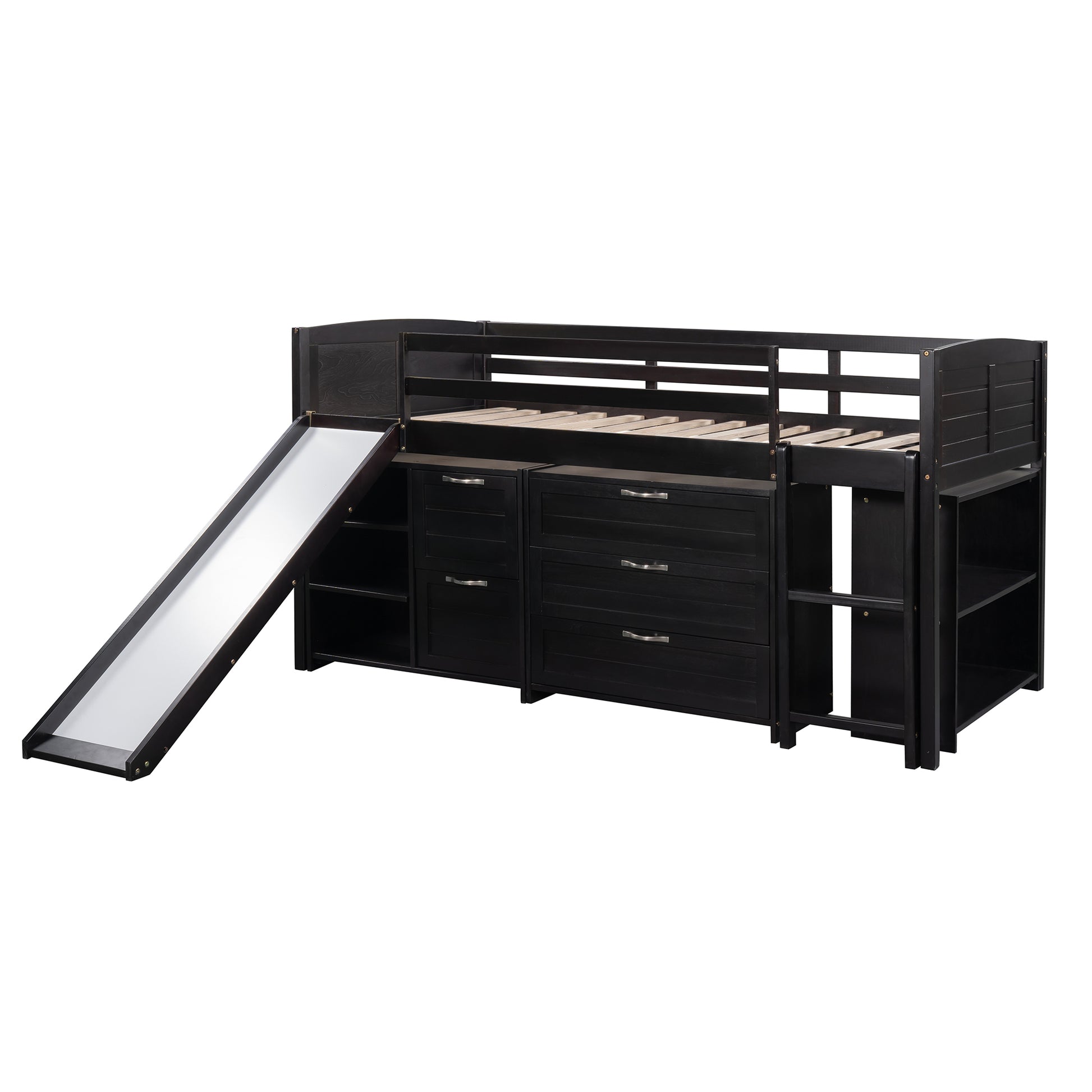 Low Twin Size Loft Bed With Cabinets, Shelves And Slide Espresso Old Sku :Lp000503Aap Espresso Solid Wood