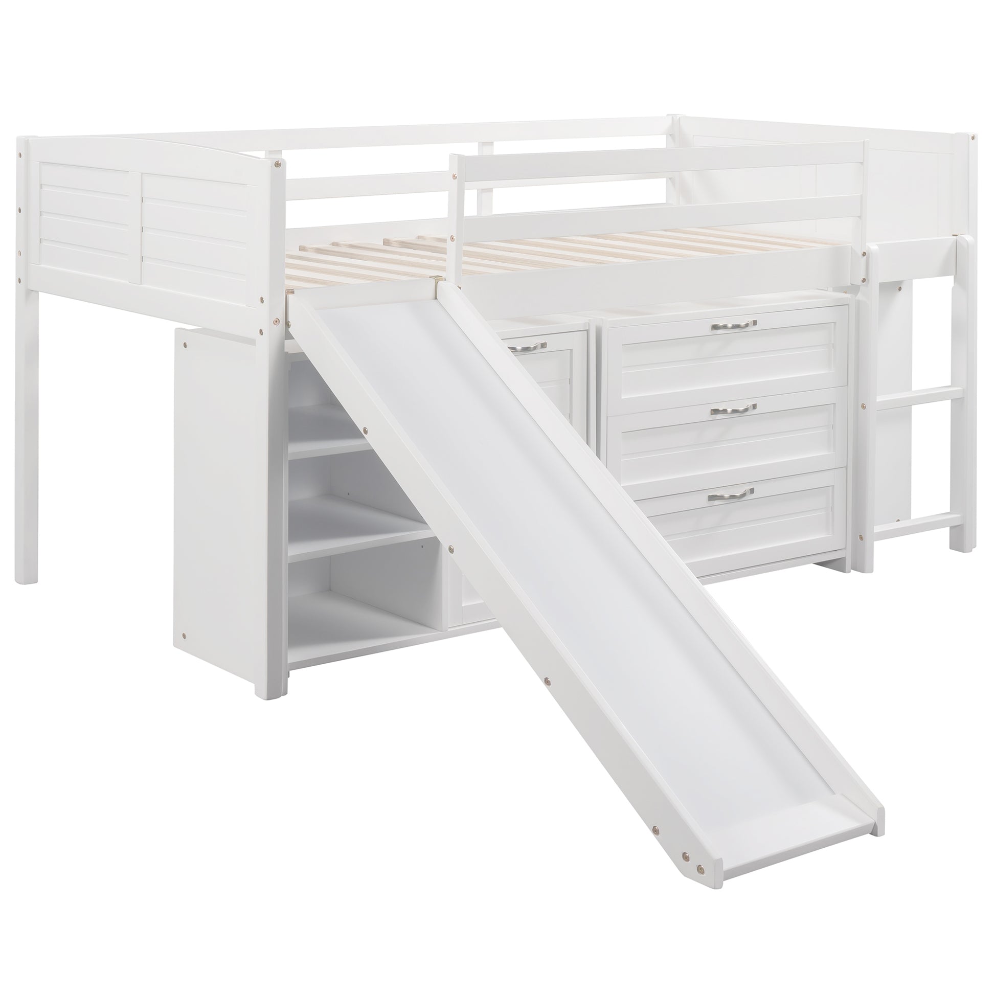 Low Twin Size Loft Bed With Cabinets, Shelves And Slide White Old Sku :Lp000503Aak White Solid Wood